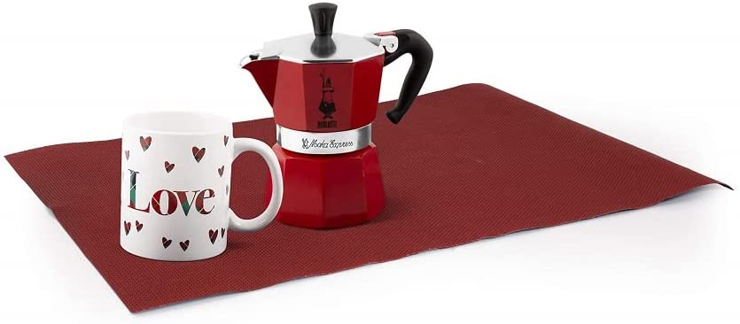 Bialetti Moka Express Red Coffee Machine Set 2 Cups + Cup + Placemat Aluminium