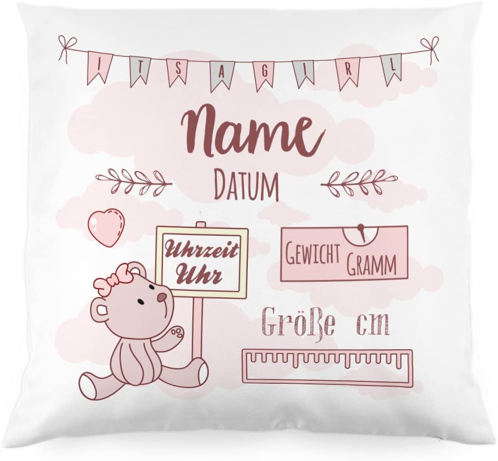 Striefchen® Cushion as a gift for christening or birth with name and date - teddy bear - baby gift or birth pillow girl