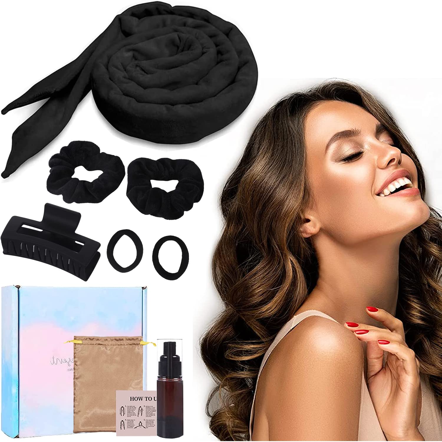 Curler Curls Without Heat, Non-Slip Heatless Curls, Overnight Curls with Headband, DIY Heatless Curls Band, Hairstyle Set, for Long Medium Hair (Black)