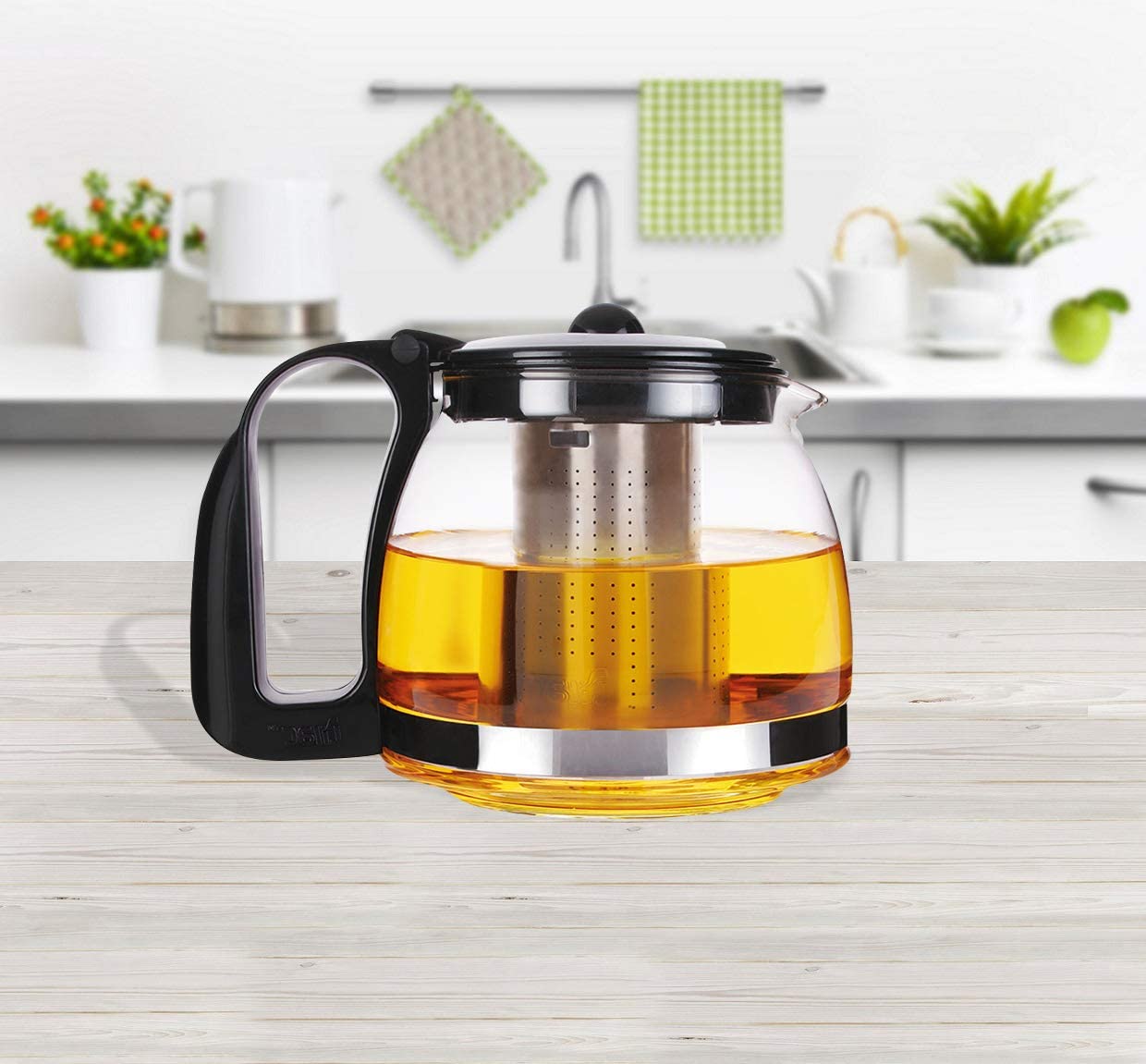 Michelino Glass Teapot with Strainer Insert Removable Stainless Steel Filter Strainer Tea Strainer Heat Resistant Glass Jug with Plastic Lid and Handle