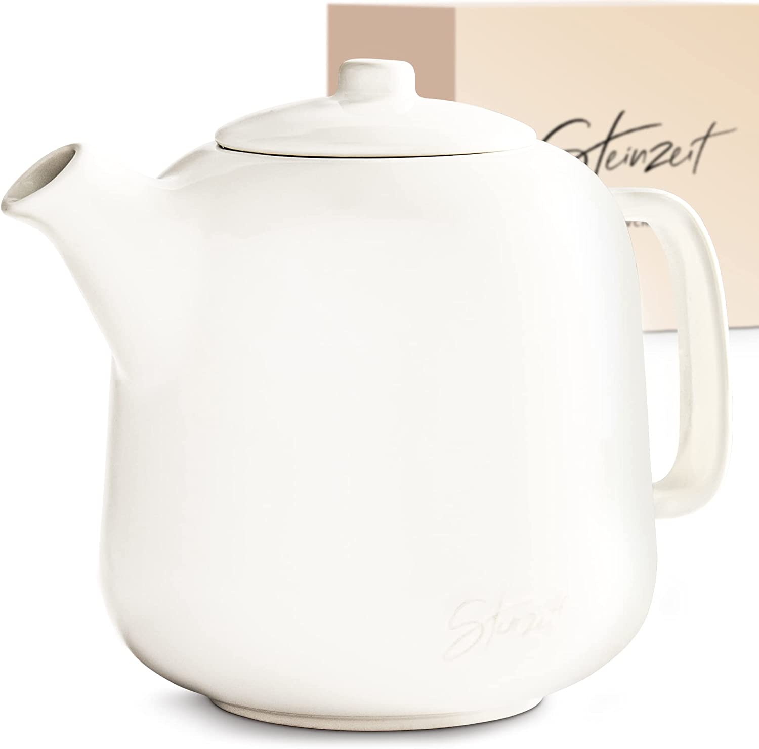 Steinzeit Designer Teapot (1.3 L) - Teapot with Strainer Insert Made of 304 Stainless Steel - Ceramic Teapot with Unique Glaze - Removable Teapot with Strainer - White