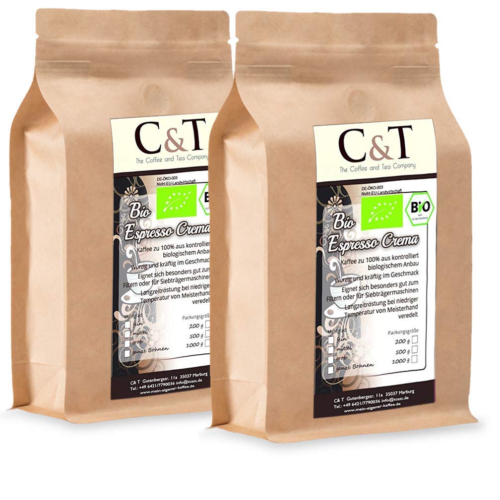 C&T Organic Espresso Crema Cafe 2 x 1000 g Ground Gastro Economy Pack in Kraft Paper Bag Coffee for Portafilters, Fully Automatic Machines, Espresso Maker
