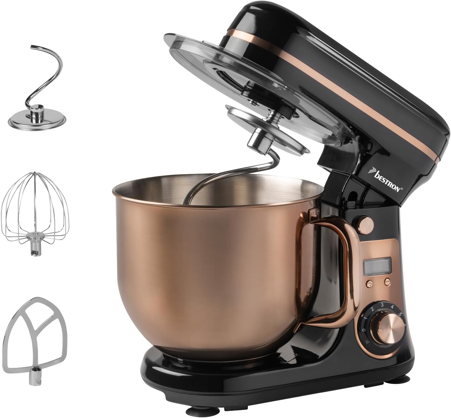 Bestron Super Silent Food Processor (65 db) 4-1 Food Processor with DC Motor, 6 Liter Mixing Bowl, Includes Dough Hook, Whisk and Batter Beater, 6 Speed ​​Levels + Pulse Function, Colour: Copper