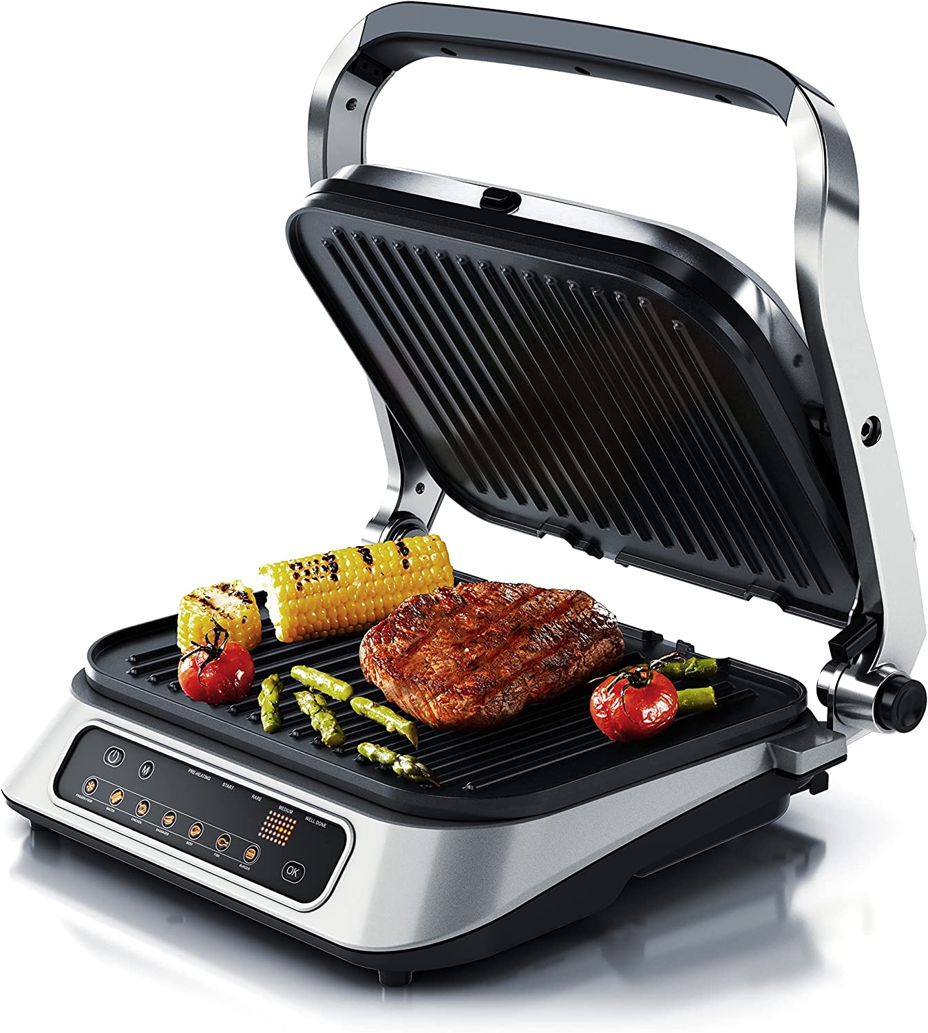 Arendo contact grill, electric grill with digital control, 1900 W, electric table grill sandwich maker, 7 programmes, non-stick coated stainless steel