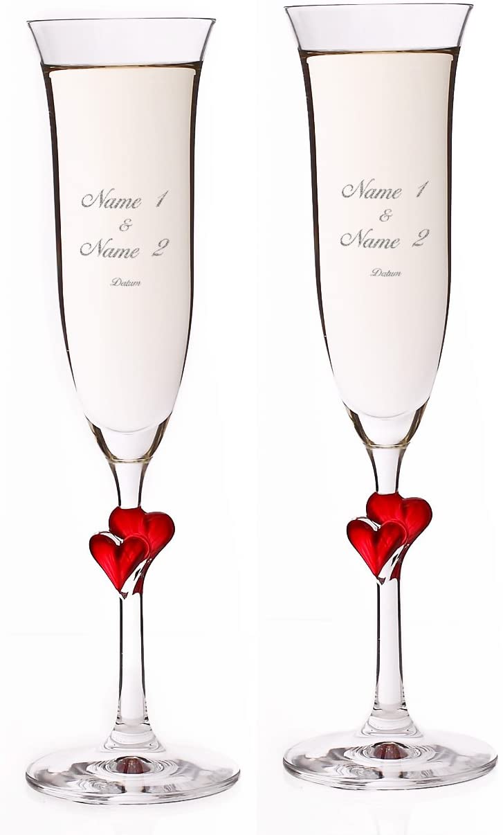 Stölzle Lausitz L \'Amour Red Hearts Wedding Champagne Flutes – Engraved with Name and Wedding Date Free Set of 2