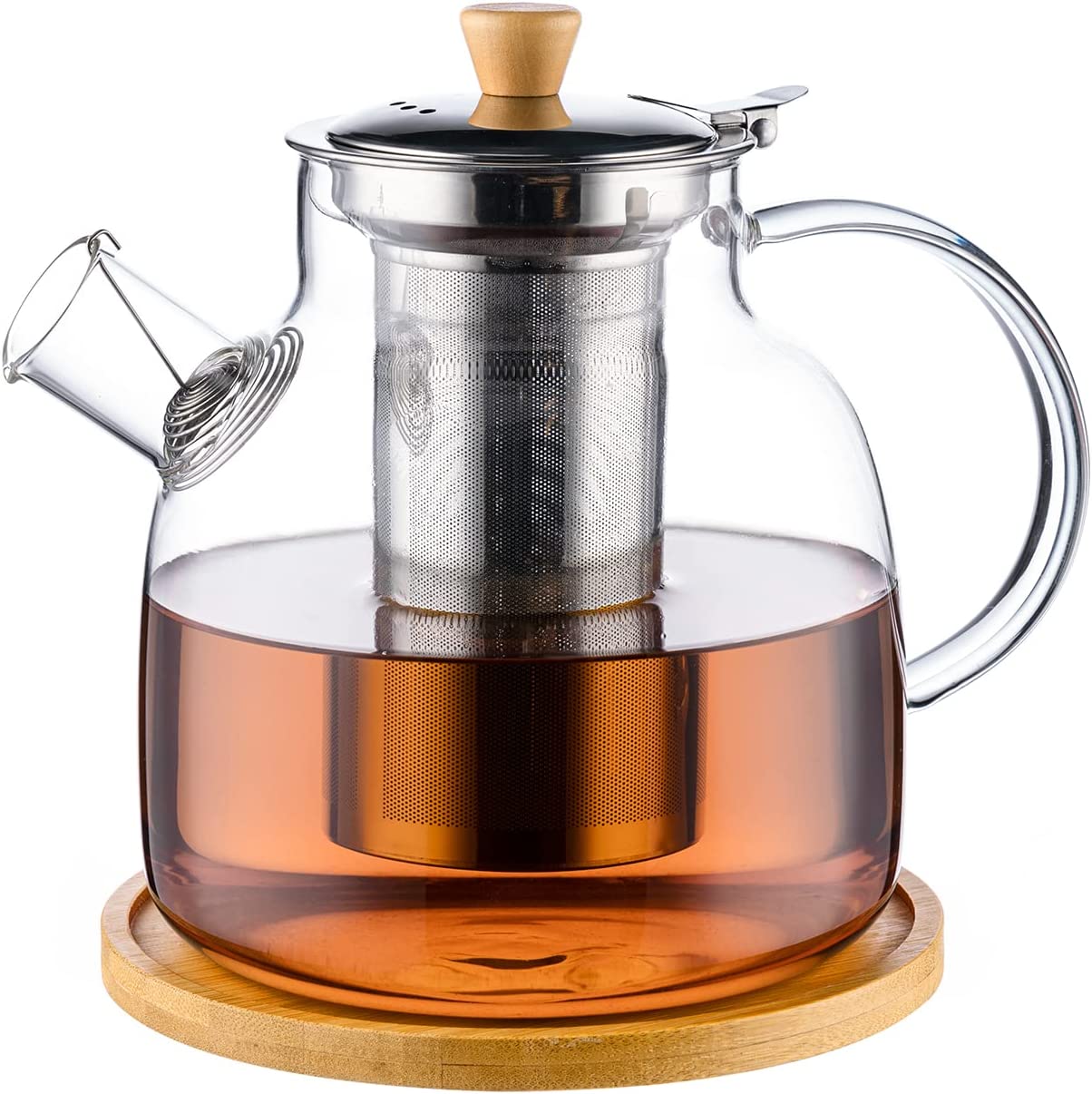 LoFone Teekanne Glas, 1500ml Teekanne mit Siebeinsatz, Teekanne mit Abnehmbare 18/8 Edelstahl-Sieb Rostfrei、Deckel und edlem Holzgriff