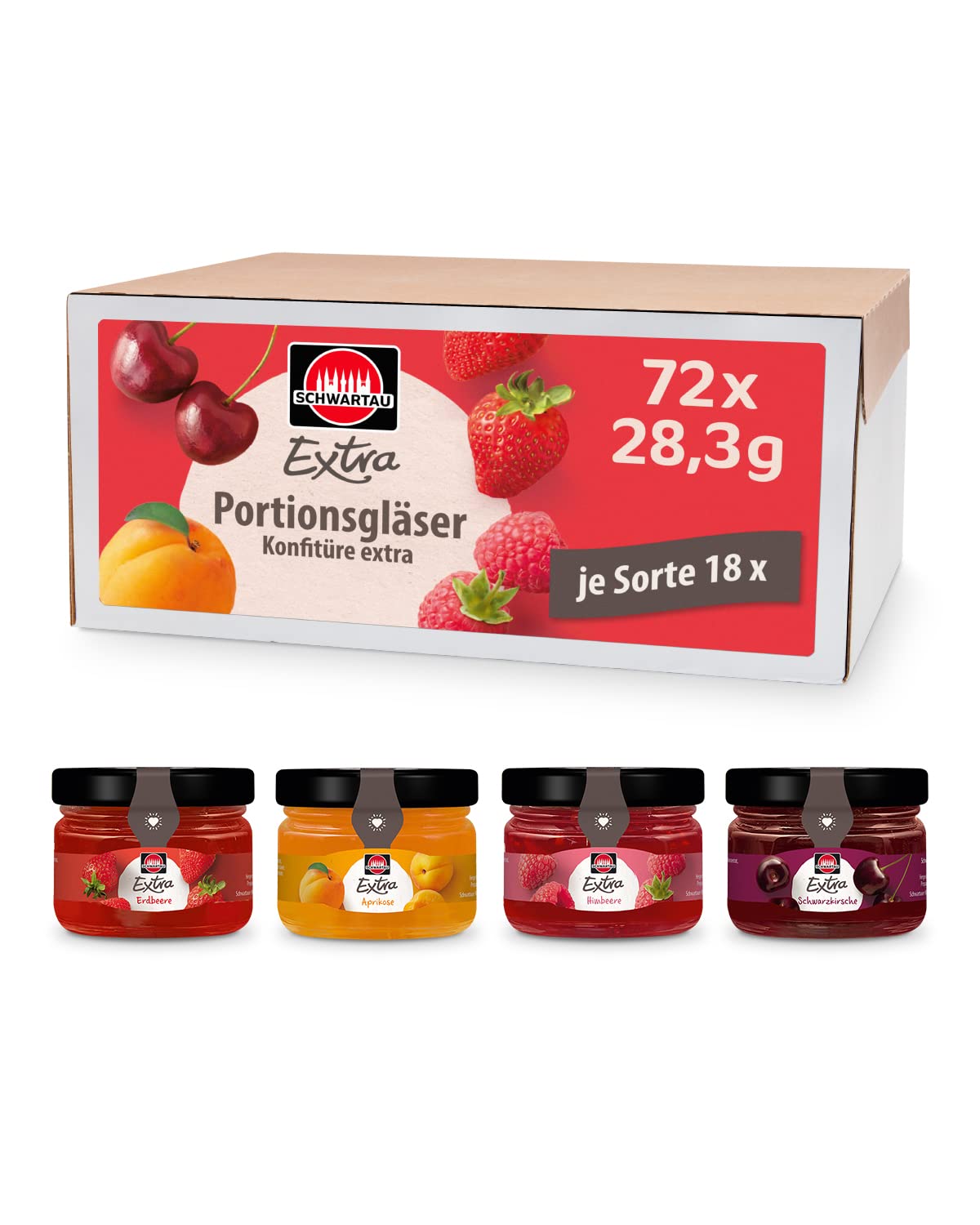Extra Mix Box, Jam Portion Jars (18 x Strawberry, 18 x Raspberry, 18 x Apricot, 18 x Cherry), 72 x 28.3 g