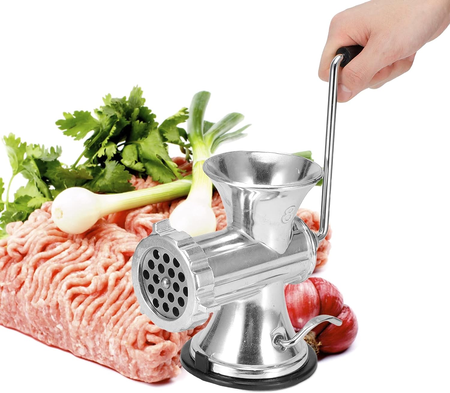 Meat Machine, Stainless Steel, Hand-Offset Meat Mincer Manual with Suction Cup, Meat Mincer Stainless Steel Cast Iron, Robust Meat Mincer