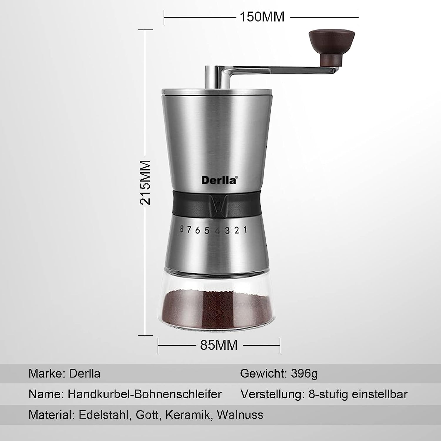 Derlla Coffee Grinder, Stainless Steel Coffee Grinder, Manual Coffee Grinder, Espresso Grinder, Adjustable Grinding Level - Hand Mill Made of Stainless Steel and Glass (Silver)
