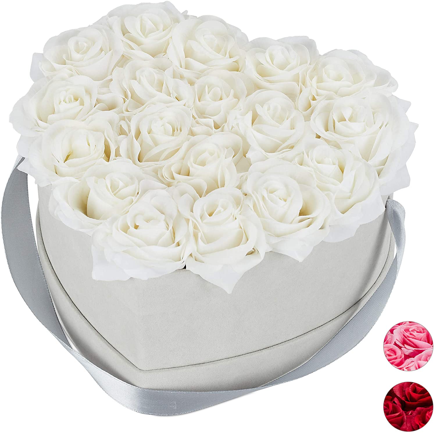 Relaxdays Heart Roses Box, 18 Roses, Grey Flower Box, 10 Year Shelf Life, G