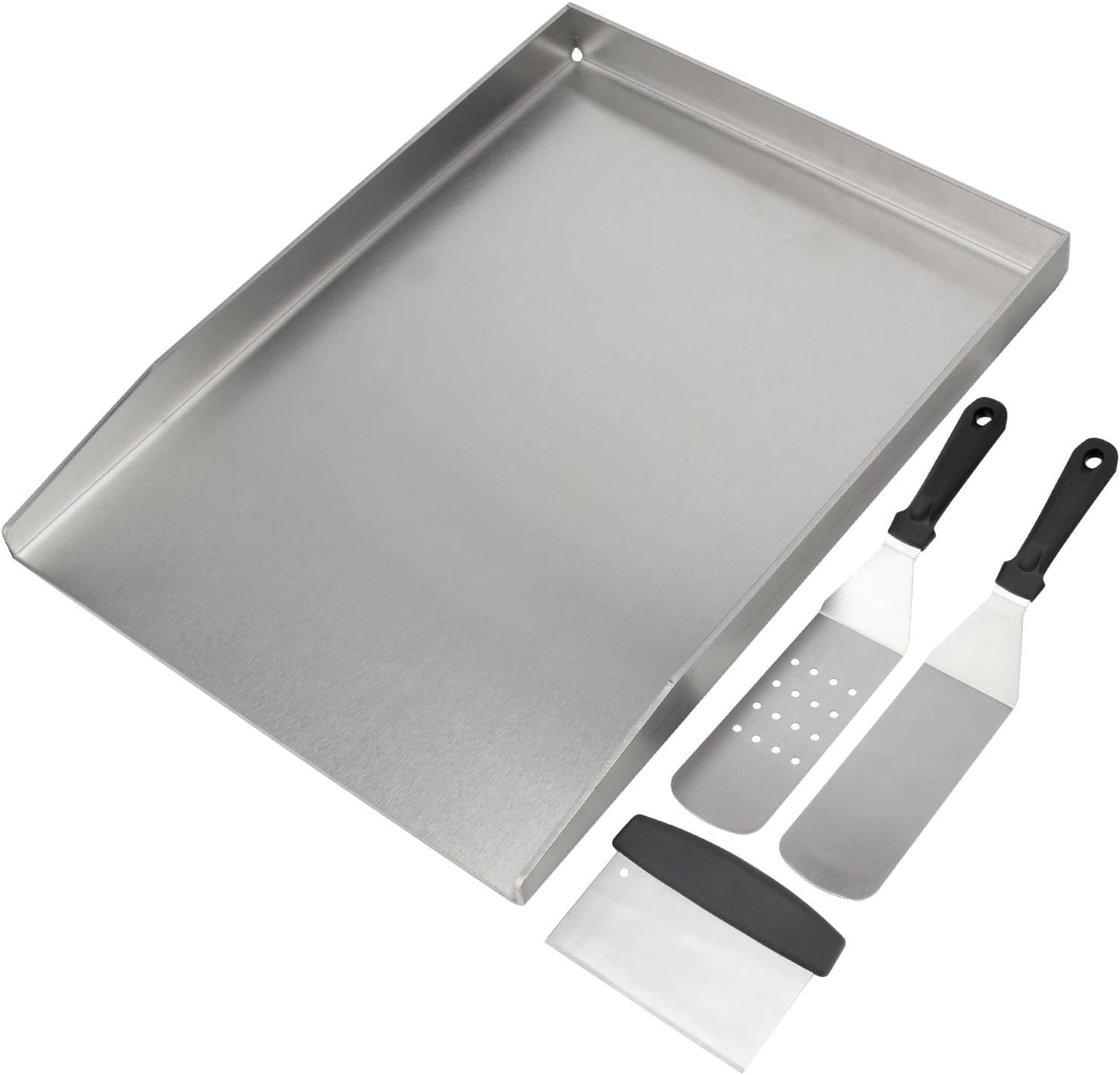 Universal Plancha Grill Plate with Grill Spatula Scraper Accessory Set, 40 x 30 cm Stainless Steel BBQ Plancha with Fat Drain for Weber, Charcoal Grill and Most Gas Grills