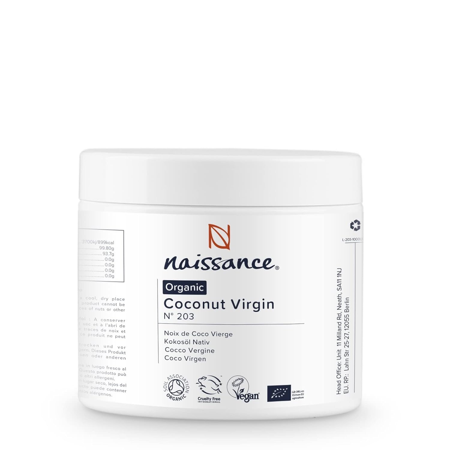 Naissance Coconut Oil Virgin Organic (No. 203) 250 g - Cold Pressed, Vegan, GMO Free - 100% Pure and Natural Coconut Oil