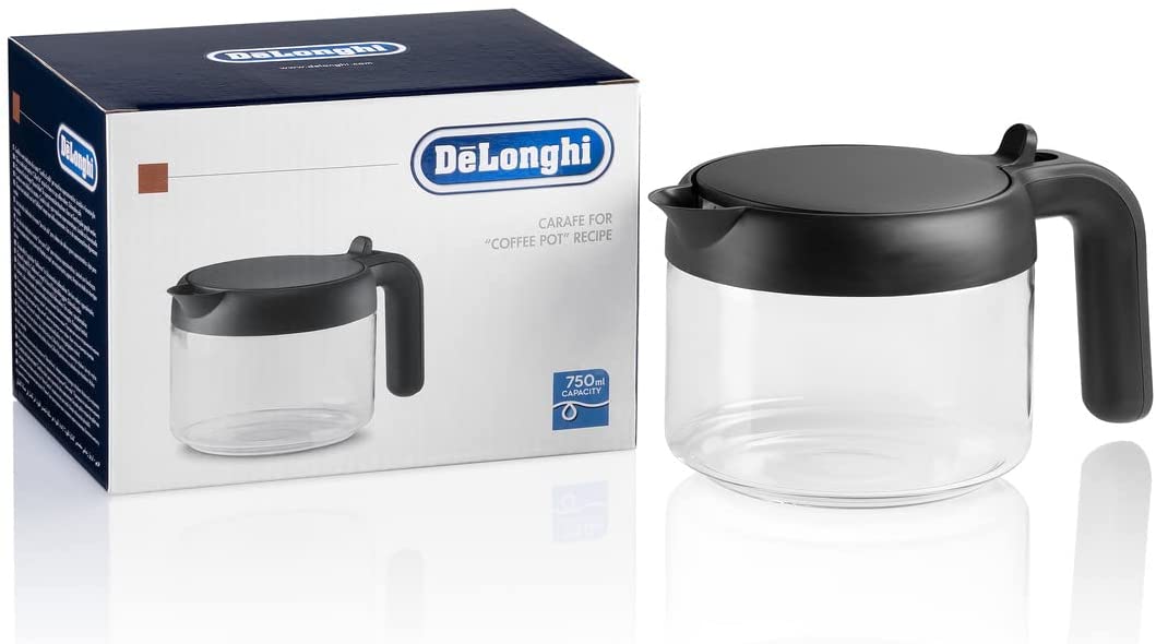 DeLonghi De\'Longhi DLSC021 Coffee Pot Glass Carafe with Folding Plastic Lid, Accessory for Fully Automatic Coffee Machines with Pot Function, Capacity 750 ml for up to 6 Cups, Dishwasher Safe, Black