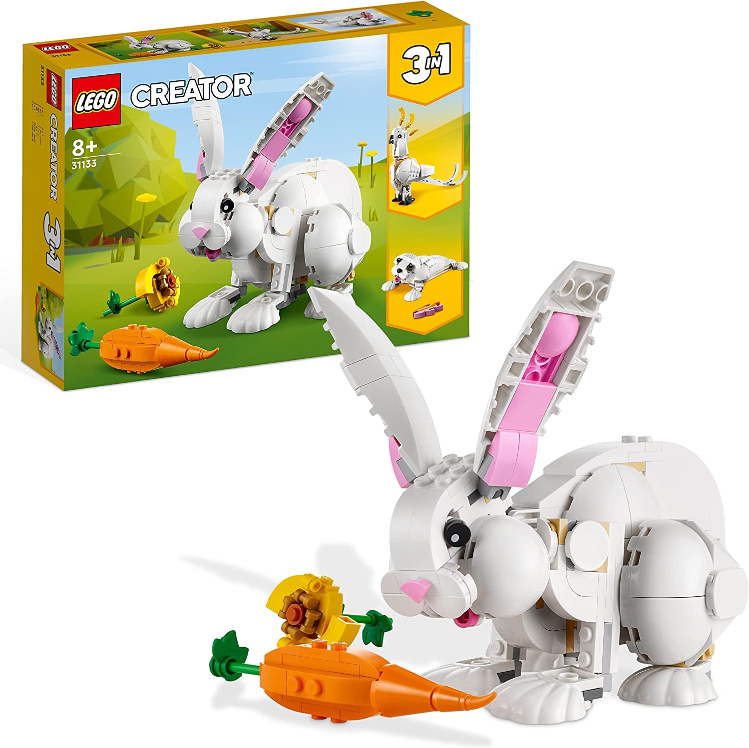 LEGO 31133 Creator 3-in-1 White Rabbit Animal Toy Set with Rabbit, Seal and Parrot Figures, Building Block Construction Toy for Children from 8 Years