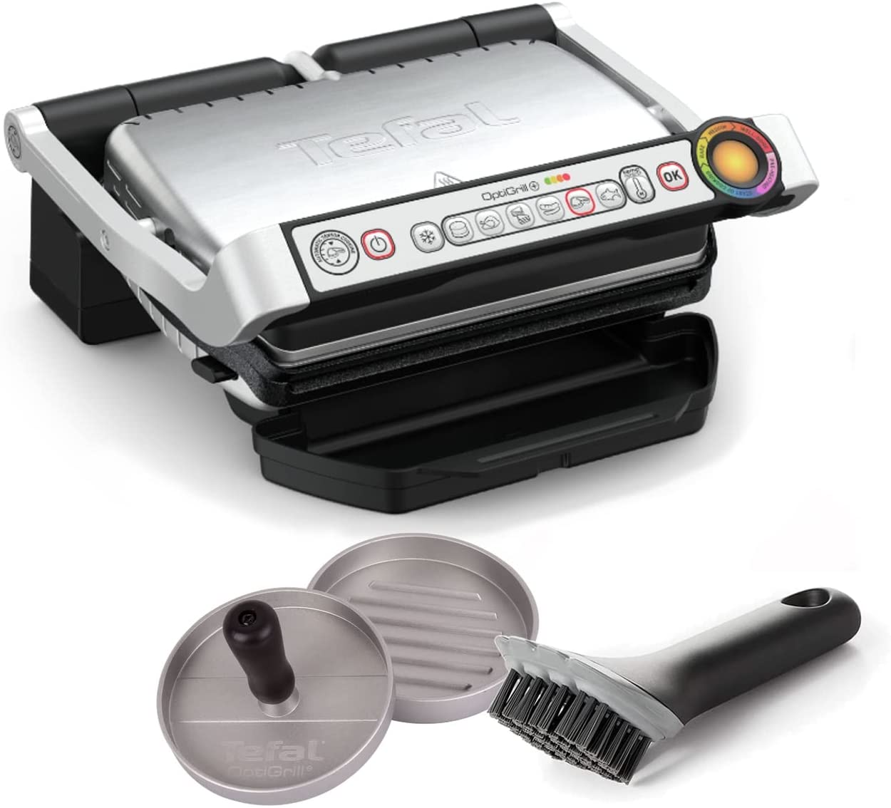 Tefal OptiGrill + Electric Contact Grill + Cleaning Grill Brush + Hamburger Press, 6 Grill Programmes, Indoor Electric Grill, Ideal Grill Results, Removable Non-Stick Cast Aluminium Plates, Stainless Steel
