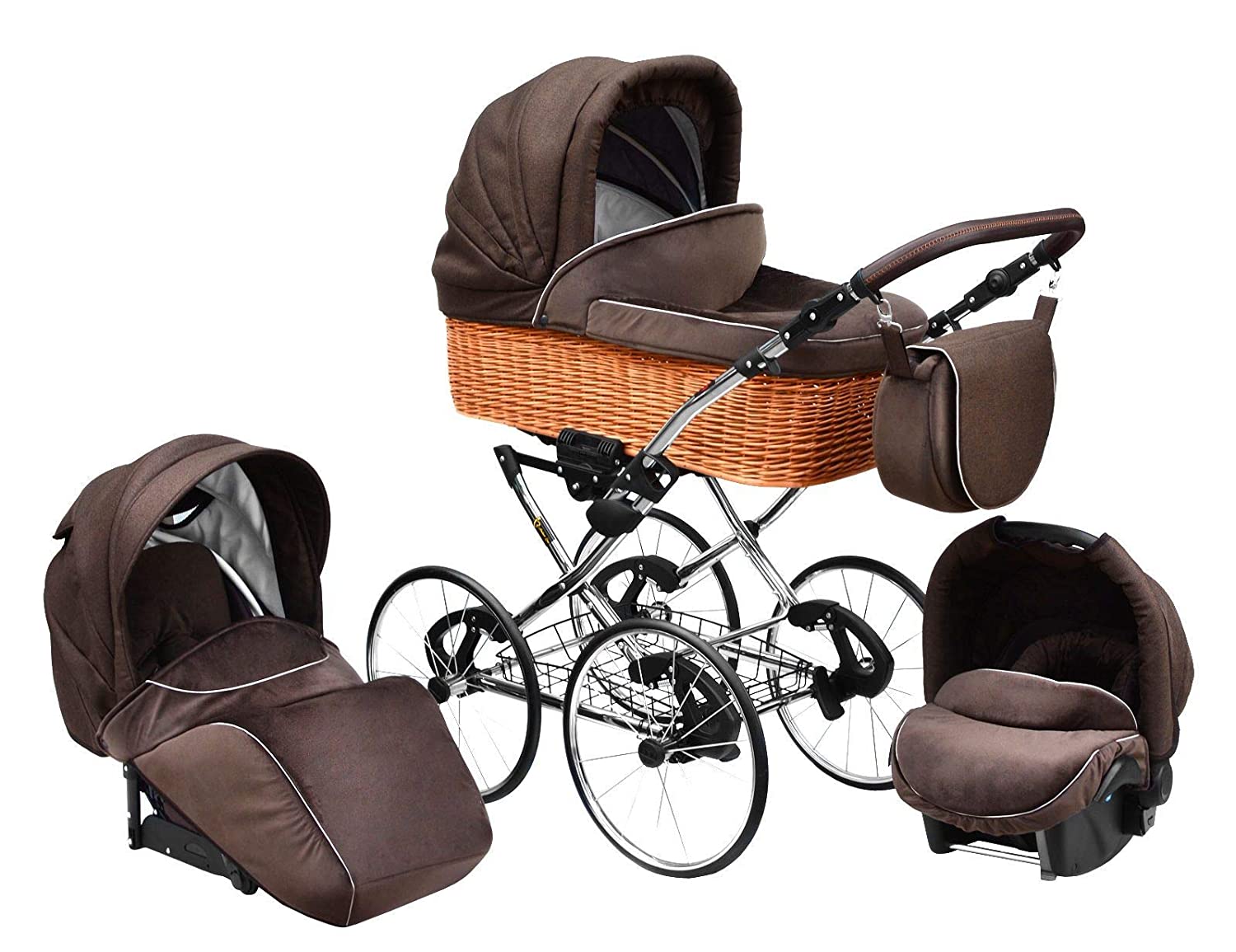 Lux4Kids Nature One Pro Retro Pushchair 27 Inch Spoke Wheels Wicker Basket Nature Coffee 04 2-in-1 without Baby Seat