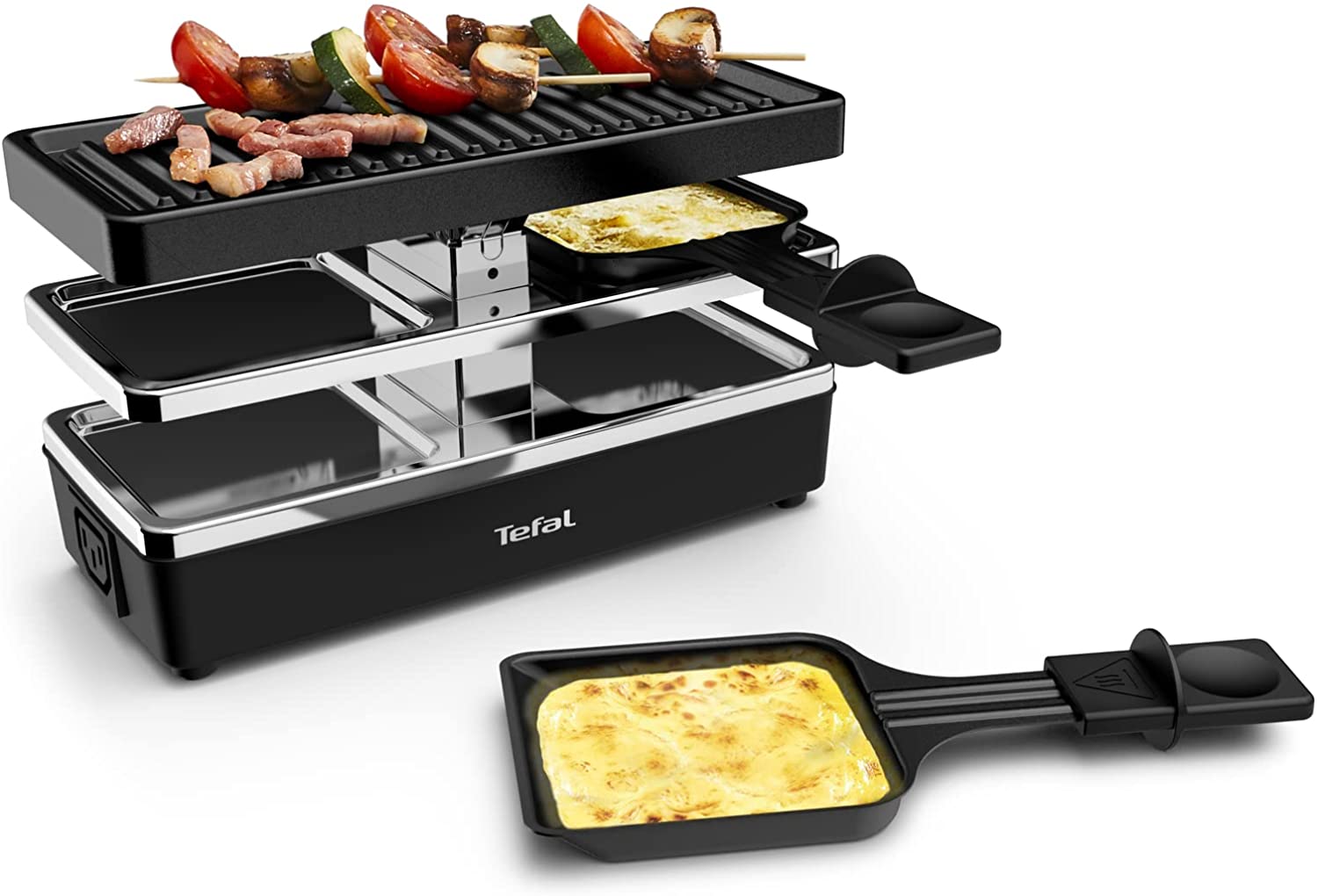Tefal RE2308 Plug & Share Raclette, 400 Watt, 2 Frying Pans + Grill Plate, On/Off Switch, Non-Stick Coating, Expandable up to 5 Devices, Removable Cable, Easy to Clean, Black/Silver