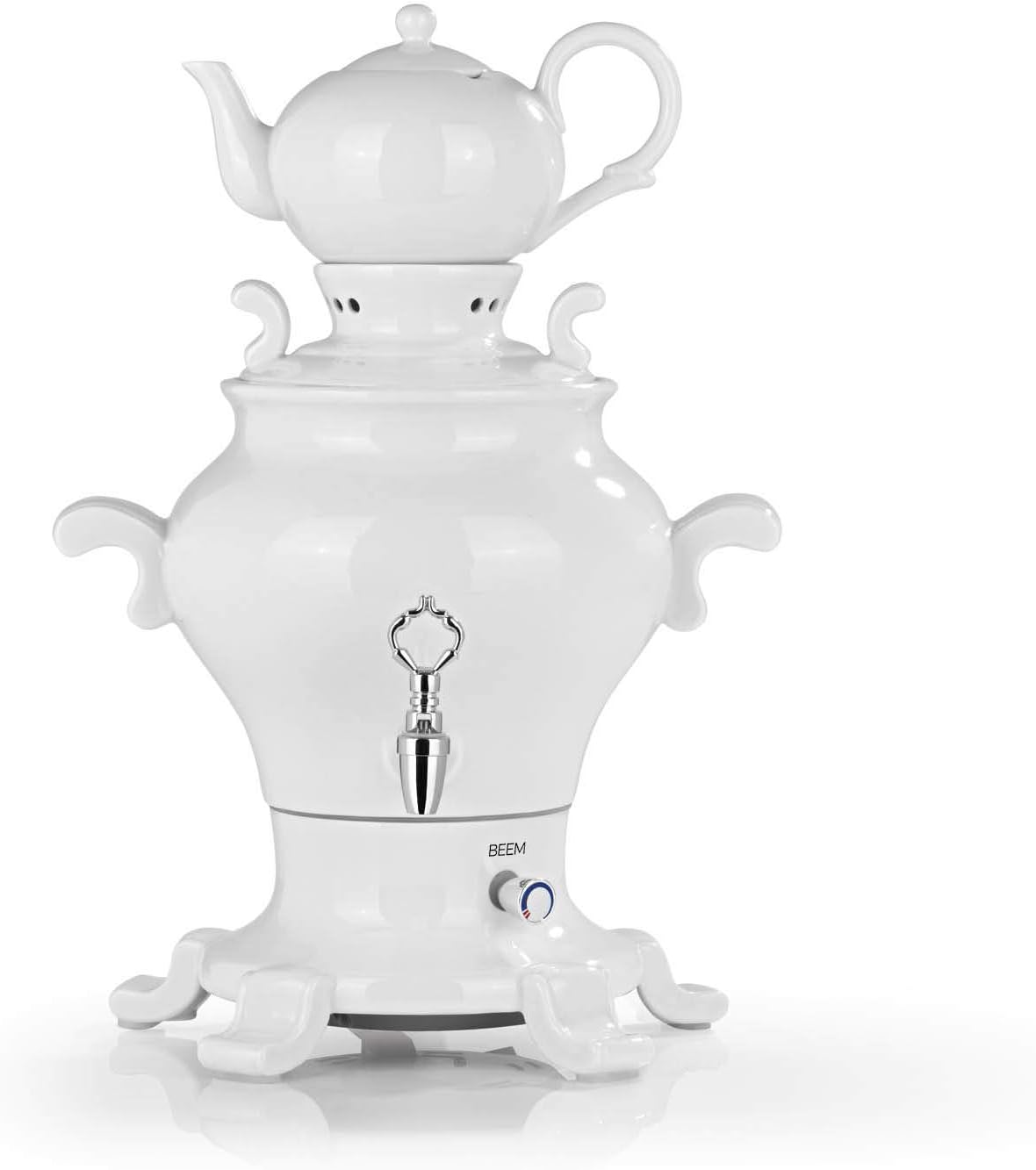 Beem Odette Blanc Samowar - 5 Litres | Porcelain | 1800 W | 1 L Teapot with Strainer Stainless Steel | 5 l Hot Water Dispenser | Turkish Tea Maker | White | Tap