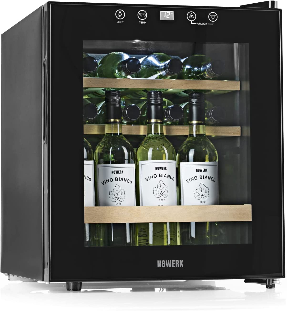 N8WERK Wine fridge for up to 15 bottles of wine, quiet compress technology, free-standing, temperature range 4 °C - 18 °C, with thermal glazing, LCD display, LED lighting