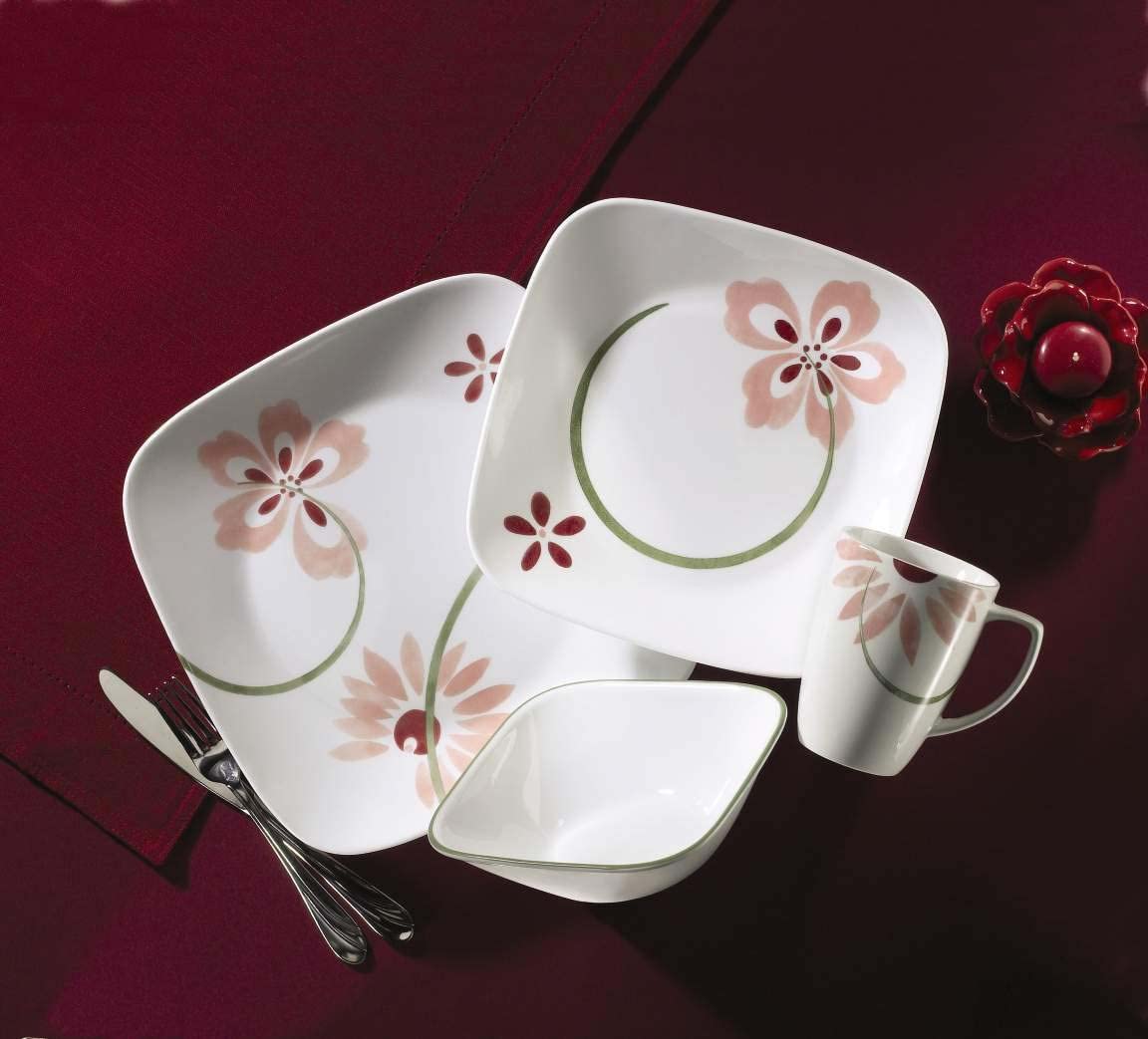 Corelle 16-Piece Vitrelle Glass Pretty Pink Chip and Break Resistant Dinner Set, Service for 4, Pink/ Green