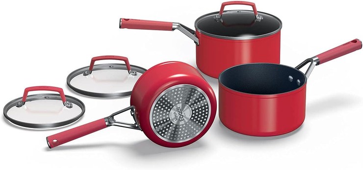 Ninja Foodi Zerostick Vivid 3-Piece Pot and Pan Set [C23000EU] Non-Stick, Induction Compatible, Dishwasher Safe, Deep Red