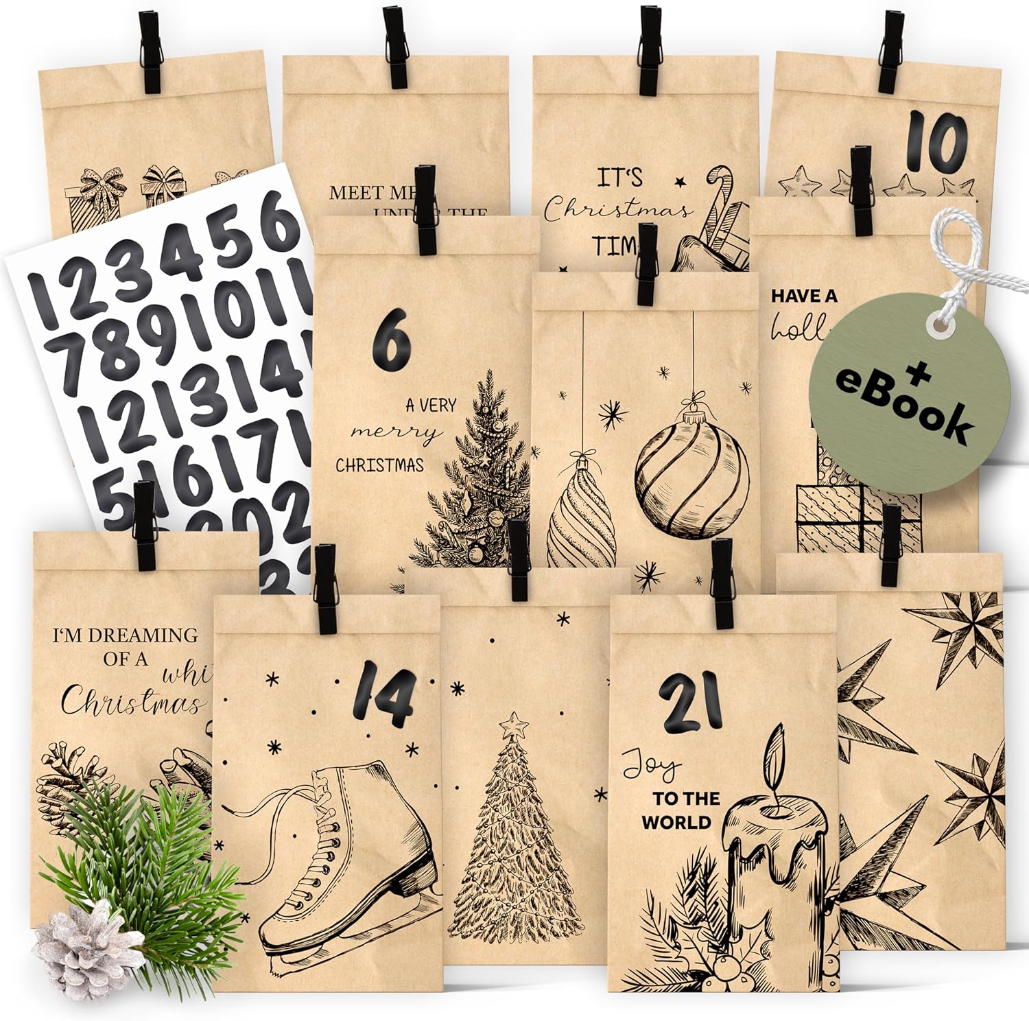 AMARI ® Advent Calendar for Filling - 24 Paper Advent Bags (with Wooden Clips) for Crafts for Christmas - Paper Christmas Bags with Number Stickers