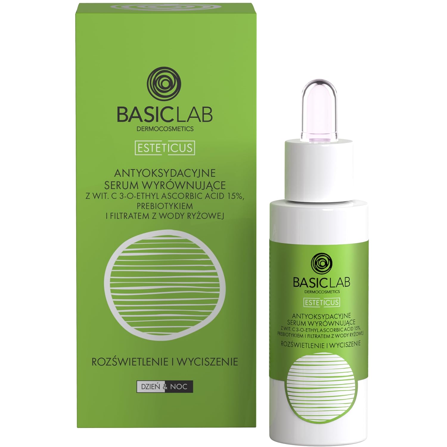 Basiclab Antioxidant regenerating serum with 15% vitamin C 3-O ethyl ascorbic acid, prebioric & rice water filtrate. Brightening and calming 30 ml