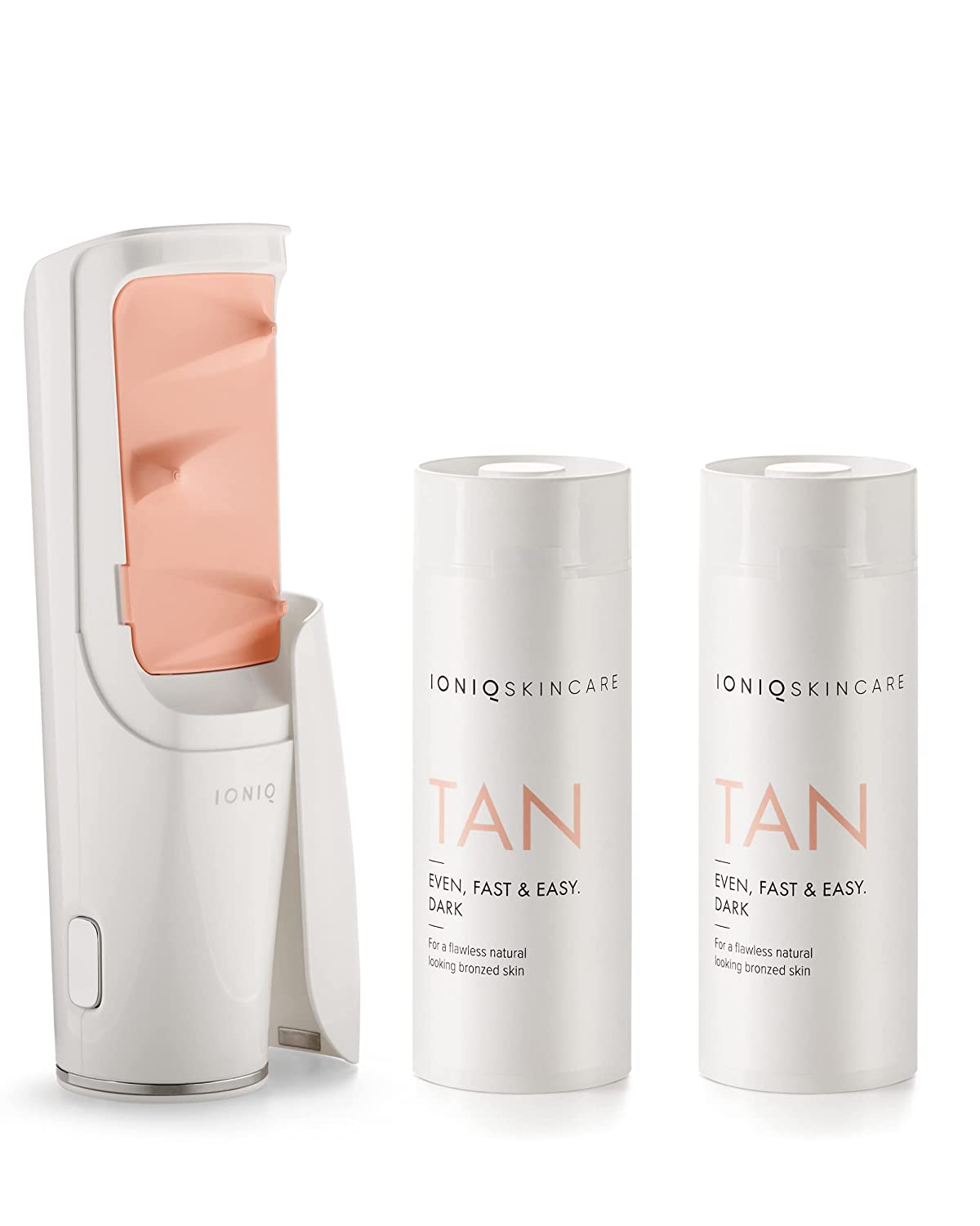 IONIQ Skincare Value Set with IonIQ One Sprayer and 2 TAN Dark Cartridges - Golden, Streak-Free Tan Applied in Three Minutes - Magnetic Skin Technology - Vegan, Nourishing, Natural Glow, ‎white