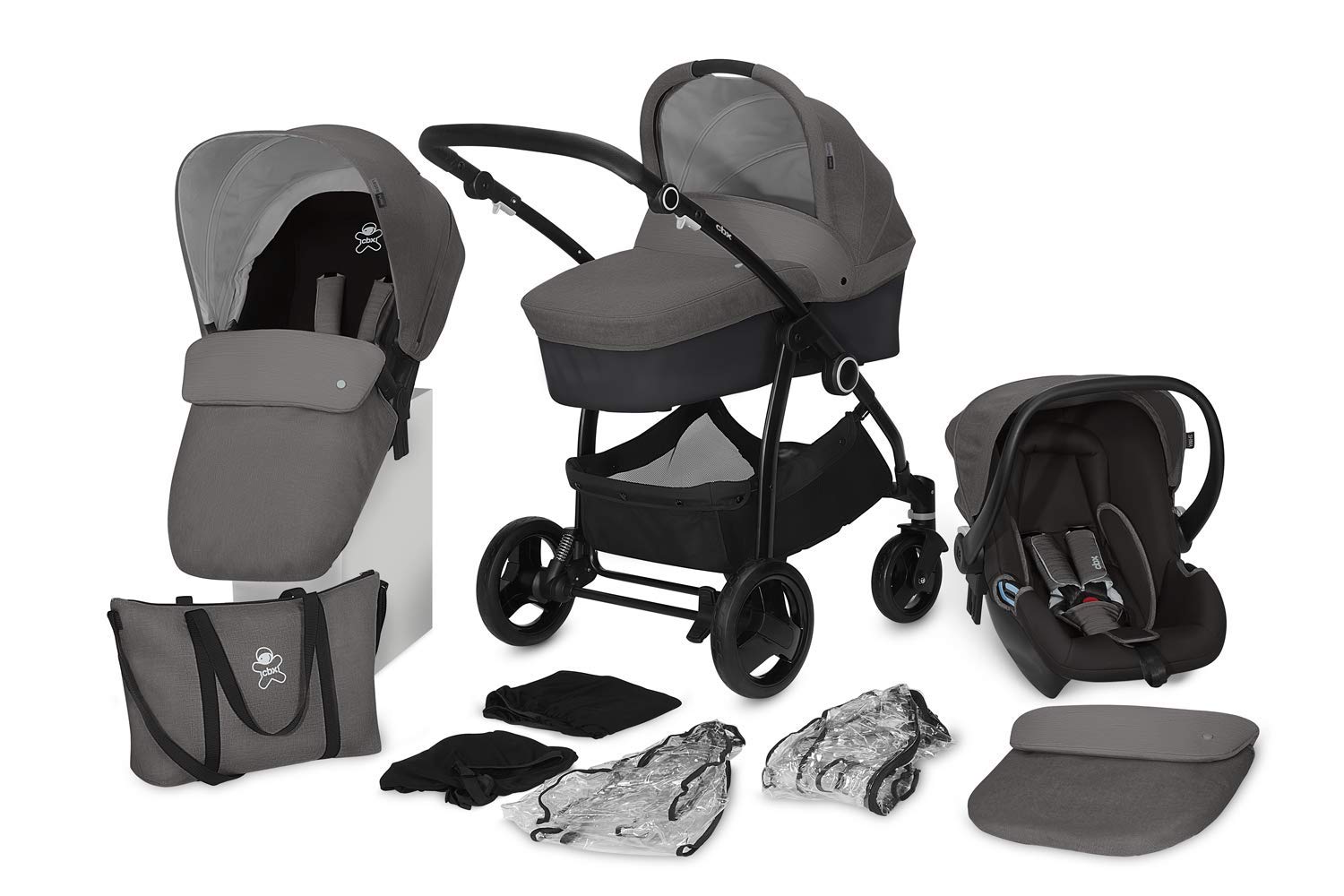 cbx 3-in-1 Leotie Pure 12-Piece Combi Pushchair Set with Shima Baby Seat, Reversible Seat Unit, Folding Baby Cot, 2x Rain Covers, 2x Mosquito Nets, Changing Bag, from Birth to 15 kg, Anthracite