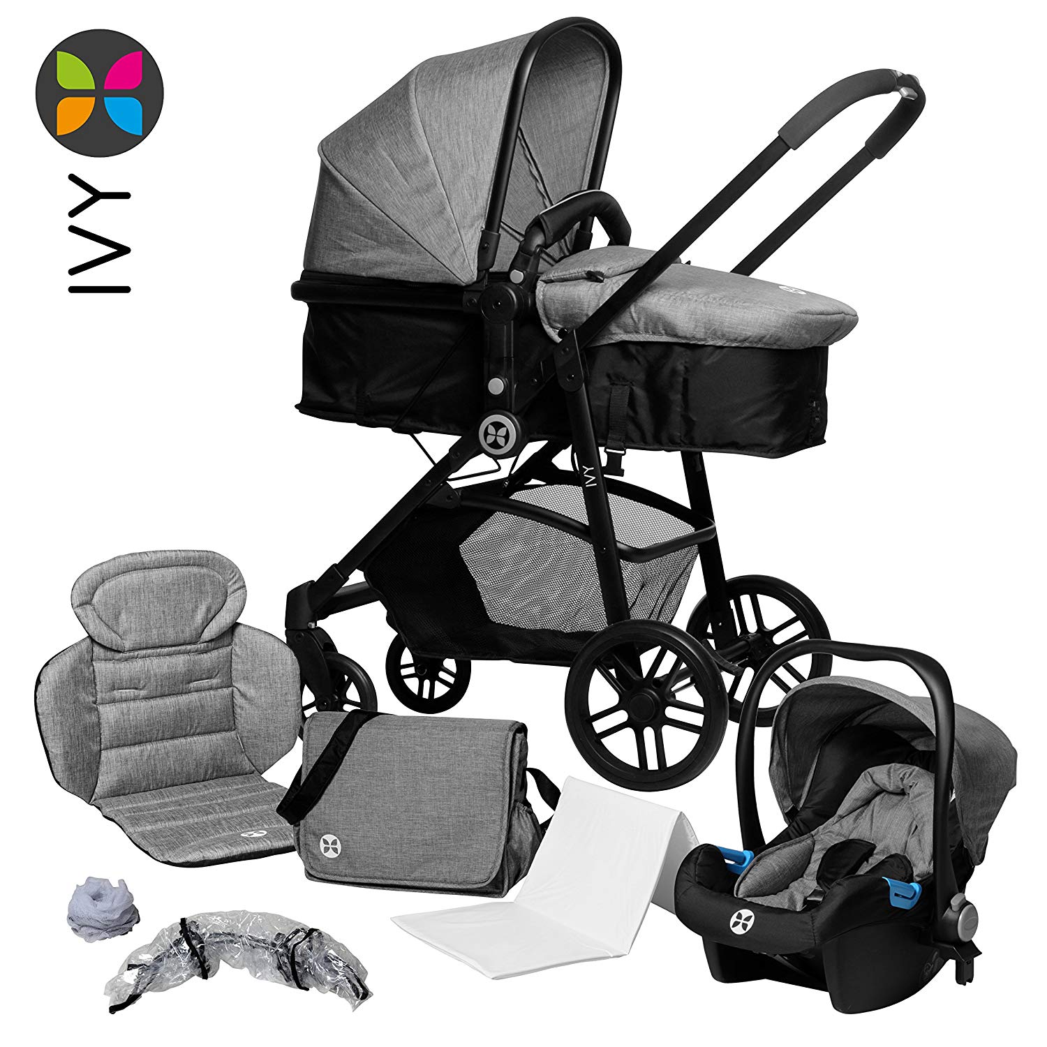 Combination Pram 3 in 1, Complete Set incl. Baby Car Seat (Car) and Tub, Baby Flower Ivy