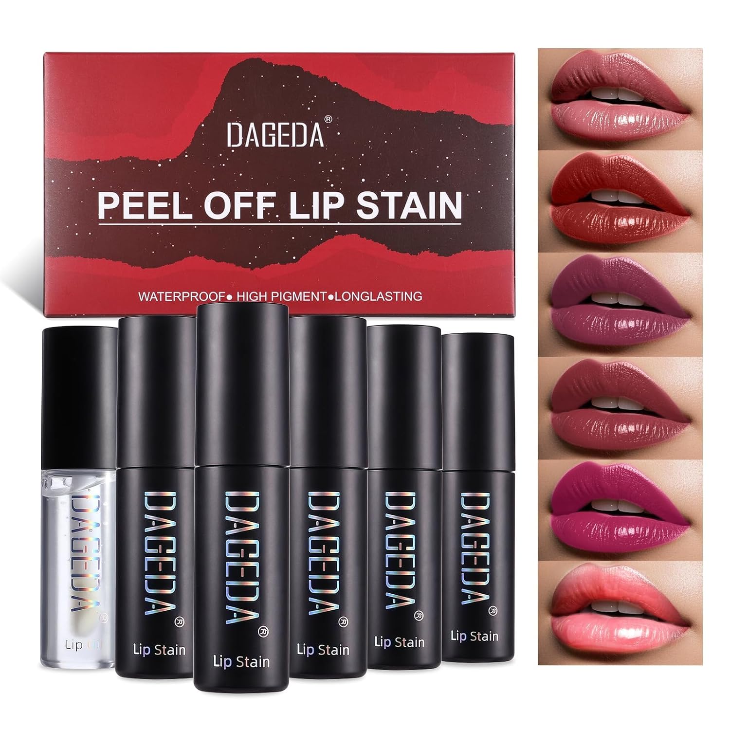 Prreal 5 Colors Peel Off Lip Stain Set, Tattoo Lip Stain Tint with Moisturizing Lip Oil, Highly Pigmented, Waterproof Long-lasting Peel Off Lip Liner Stain, Matte Finish Lip Makeup