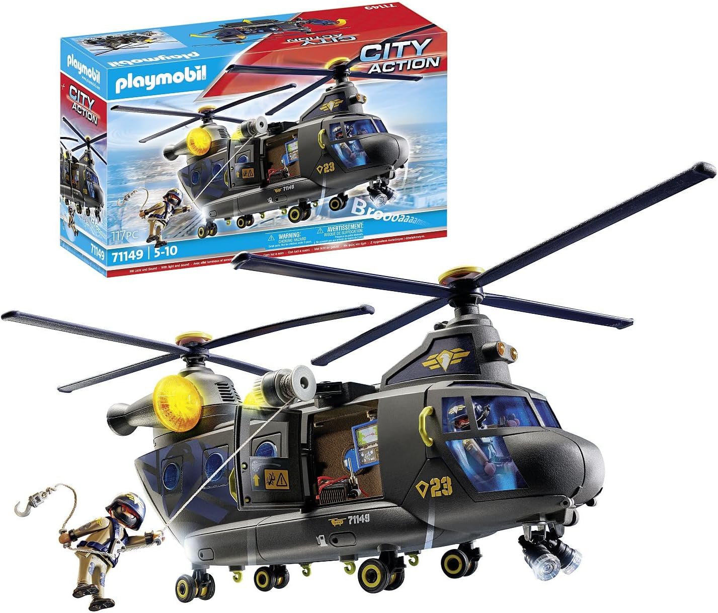 PLAYMOBIL City Action 71149 SWAT Rescue Helicopter, Detailed SWAT Rescue Helicopter with Light and Sound Module, Toy for Children from 5 Years