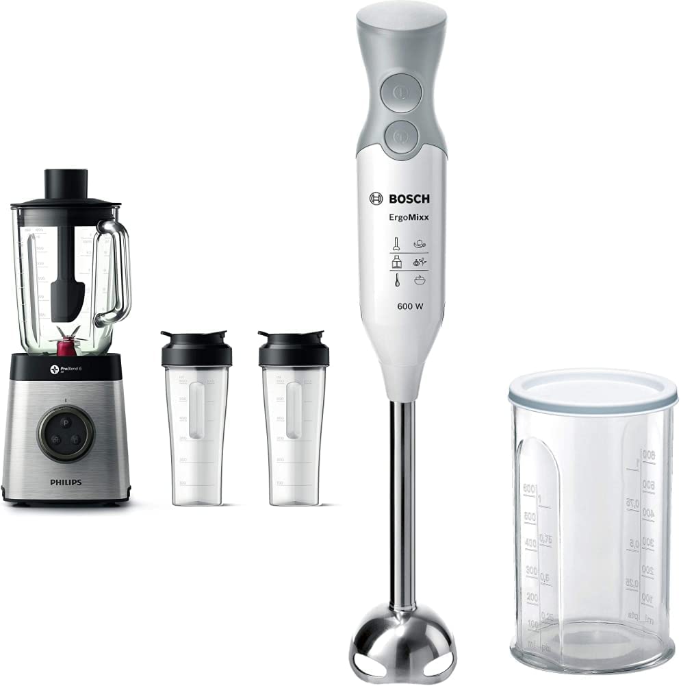 Philips Domestic Appliances Philips Blender and Smoothie Maker - 1400W (HR3655/00) & Bosch Home Appliances MSM66110 ErgoMixx Hand Blender, 600 Watt, Removable Mixing Base, Mixing Cup, 2 Speed Levels, White/Grey
