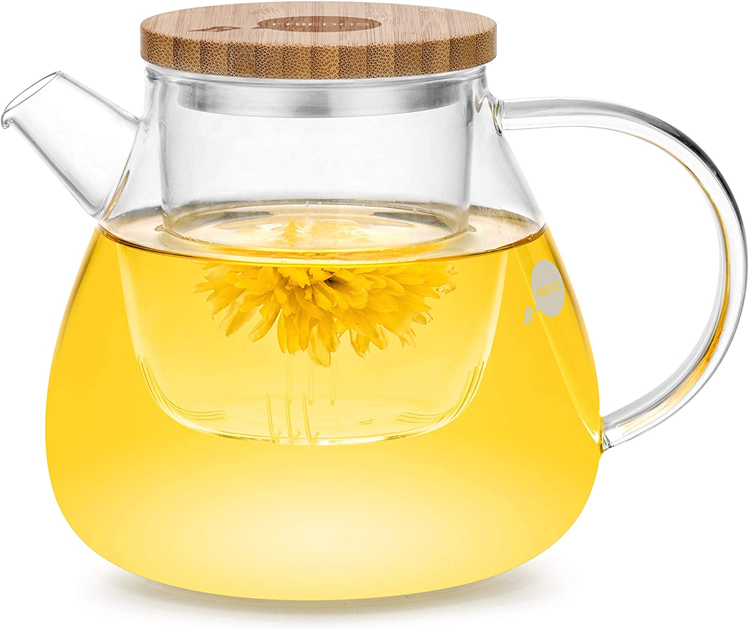Friedos Tea - Glass Teapot with Strainer Insert and Lid - 900 ml Capacity for Loose Tea or Bags - Glass Jug Made of Borosilicate Glass with Strainer up to 130 °C - 900 ml Volume