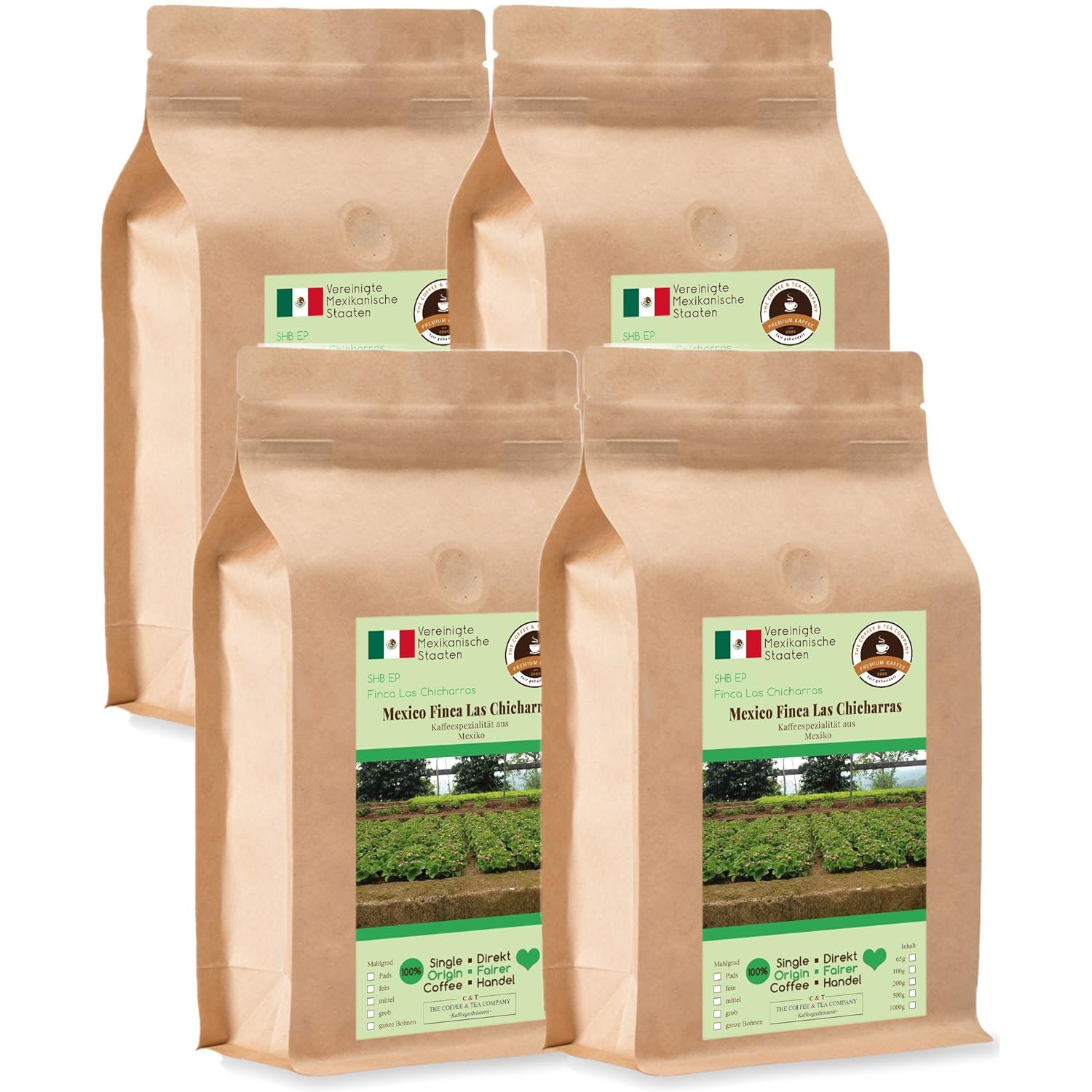 Coffee Globetrotter - Coffee with Heart - Mexico Finca Las Chicharras - 4 x 1000 g Whole Bean - for Fully Automatic Coffee Grinder - Roasted Coffee Fair Trade | Gastropack Economy Pack