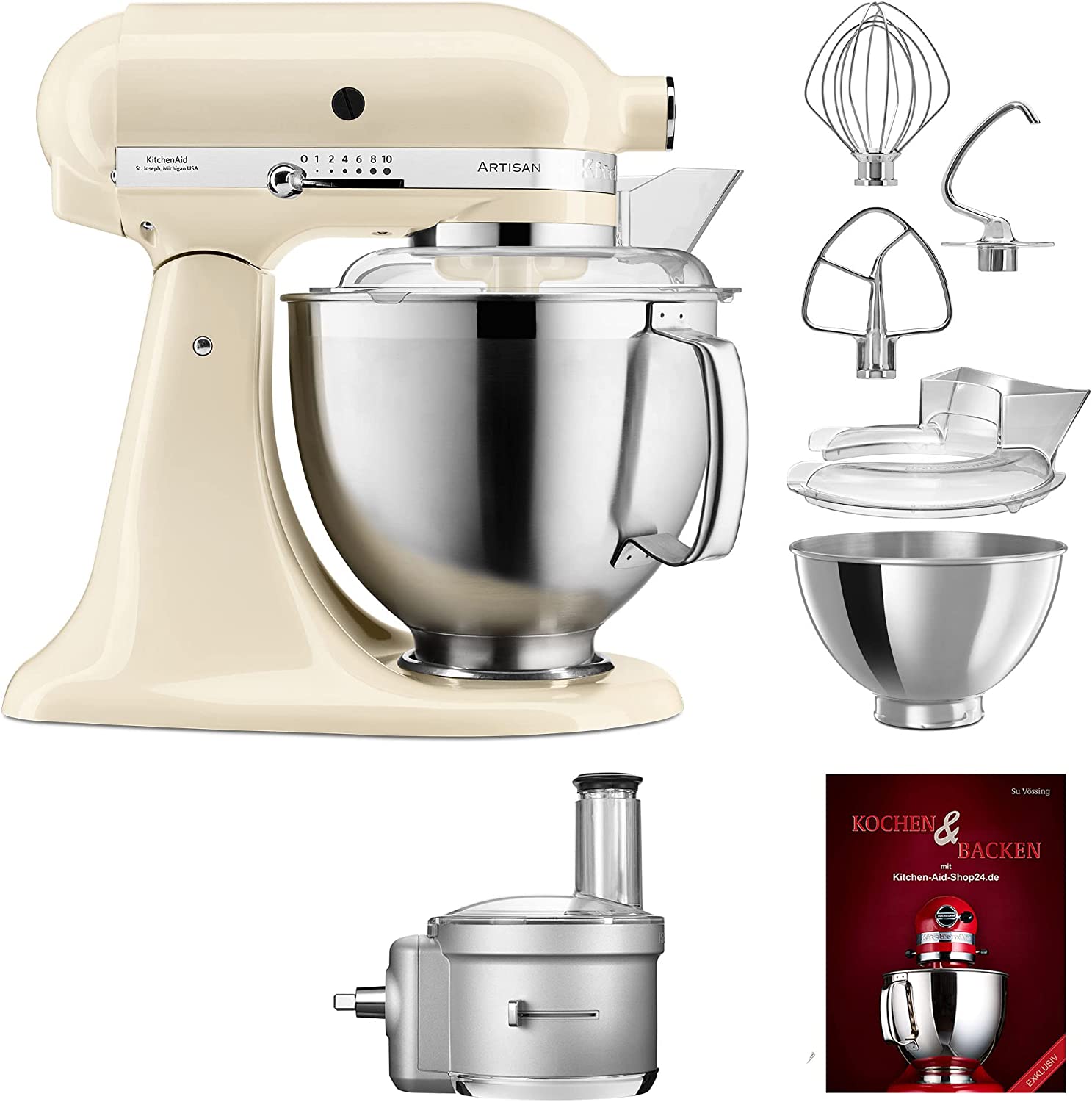 KitchenAid Artisan P26 Food Processor Starter Set 185 (FPV) - 5KSM185PSEAC with Food Processor Attachment (5KSM2FPA) and Cookbook (Cooking & Baking)