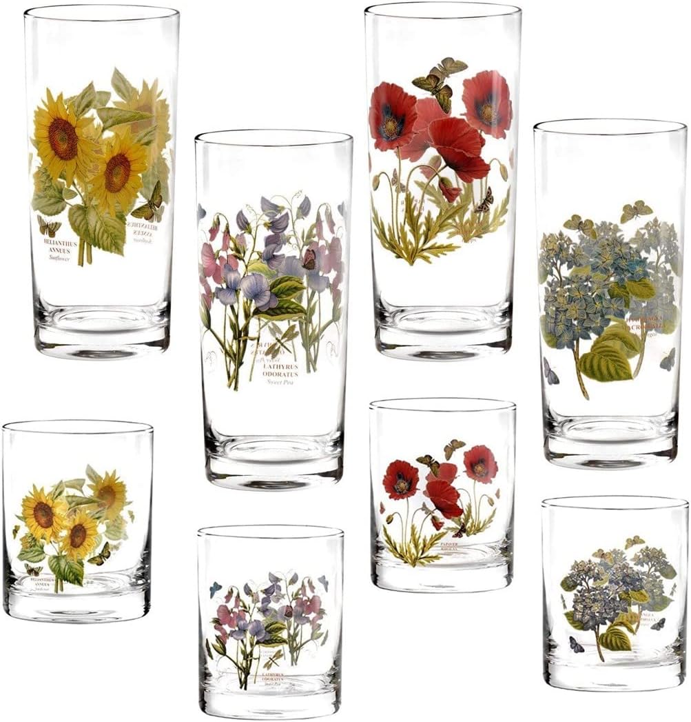 Portmeirion Botanic Garden Drinkware Set of 8 - Includes 4 Stone Glasses and 4 Highball Tumblers, 15 Ounce Assorted Designs Drinking Glasses Ideal for Whiskey, Bourbon or Juice