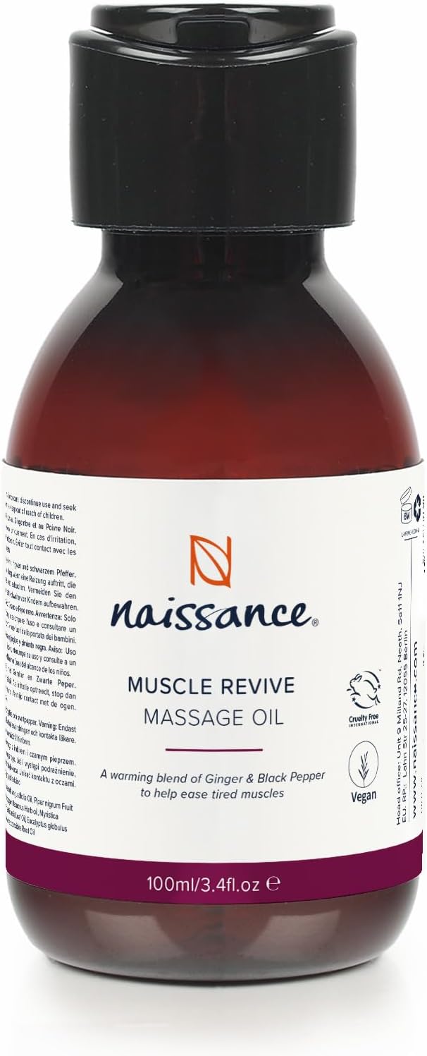 Naissance ‘Work it Out’ Aches & Pains Massage Oil 100ml - 100% Natural Blend of Grapeseed Oil with Ginger, Black Pepper, Rosemary, Lemongrass, Coriander, Lavender & Vetiver Essential Oils