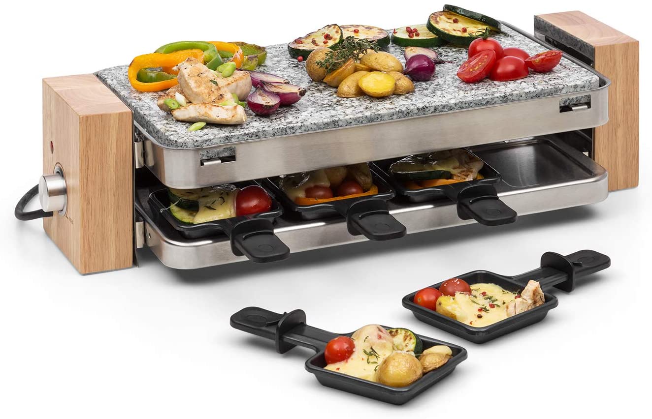 Klarstein Prime-Rib Raclette with Natural Stone - Raclette Grill, Party Grill, 2-in-1 Device, 8 People, 1500 Watt, Thermostat, Fully Adjustable, Stainless Steel Housing, Includes Accessories, Black