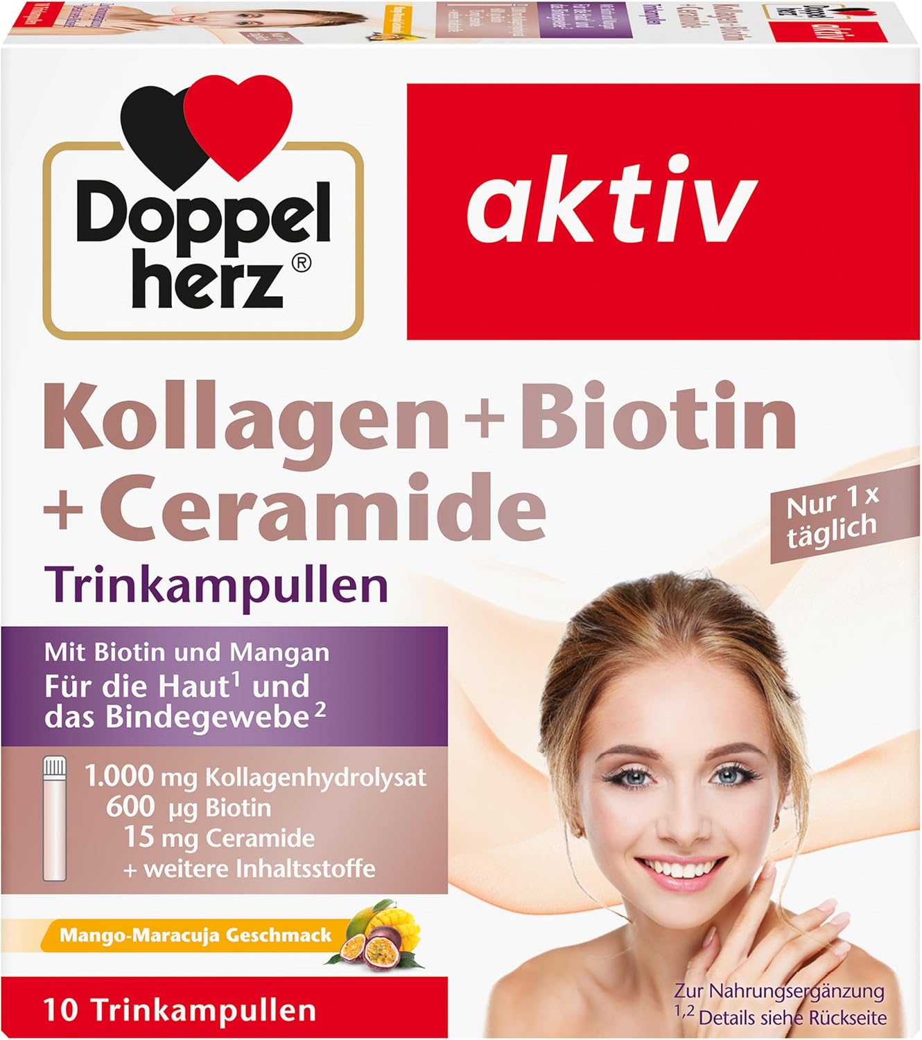 Doppelherz Collagen + Biotin + Ceramides - Biotin, Vitamin B2, Niacin and Zinc Support the Maintenance of Normal Skin - 10 Drinking Ampoules with Mango Passion Fruit Flavor