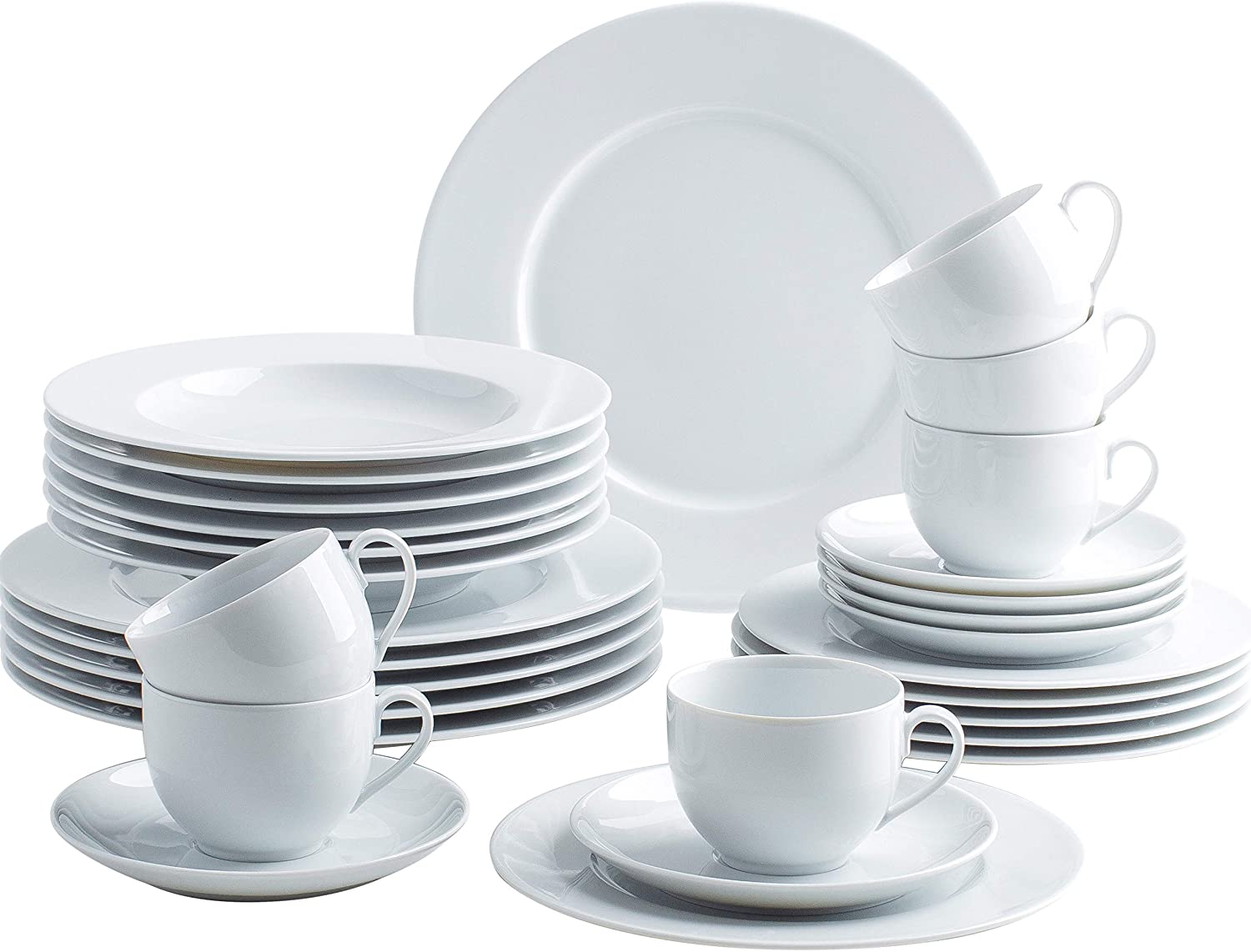 Kahla Aronda 050813M90005B White Porcelain Dinner Service for 6 People Round Soup Plates Large Dinner Plates Cups Snack Plates