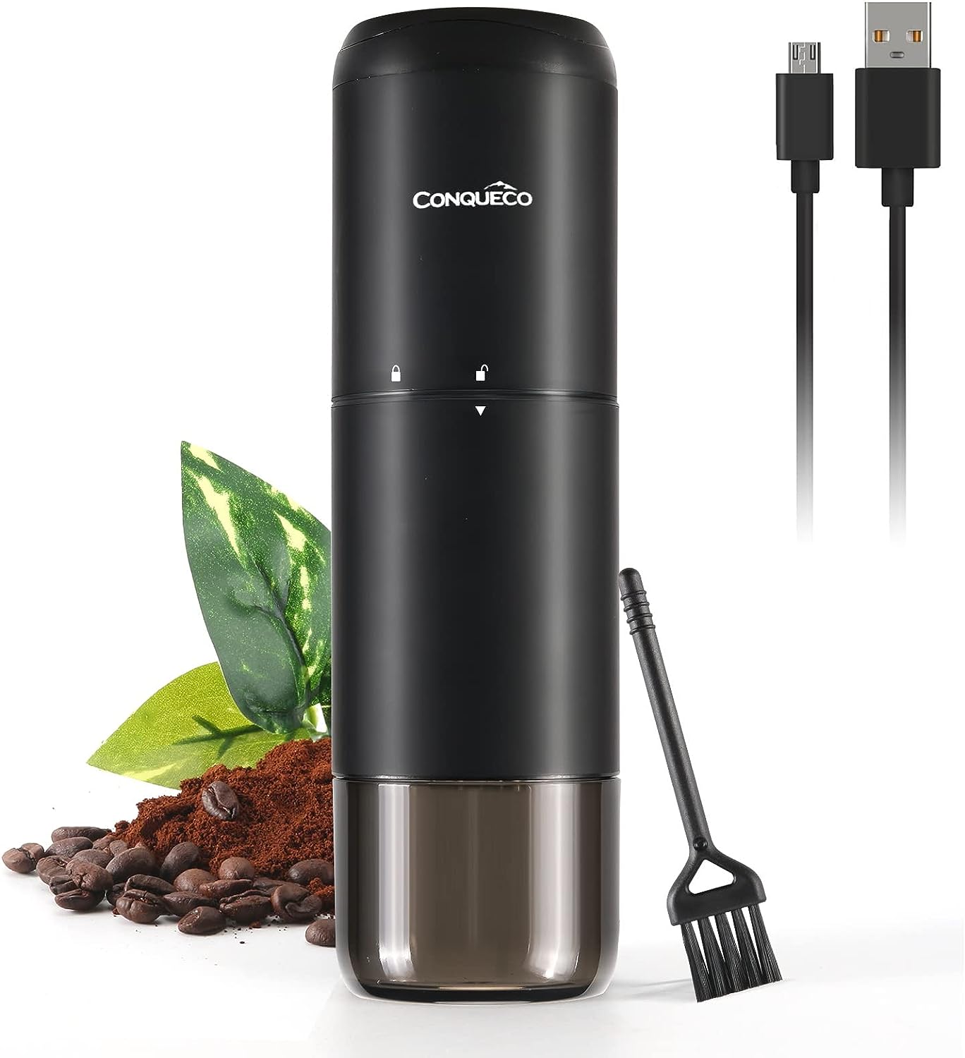 Portable Coffee Grinder with Electric Burr: Conqueco Small Coffee Bean Grinder - Rechargeable Conical Stainless Steel Grinder with Multiple Grinding Settings, 20g(with Brush)
