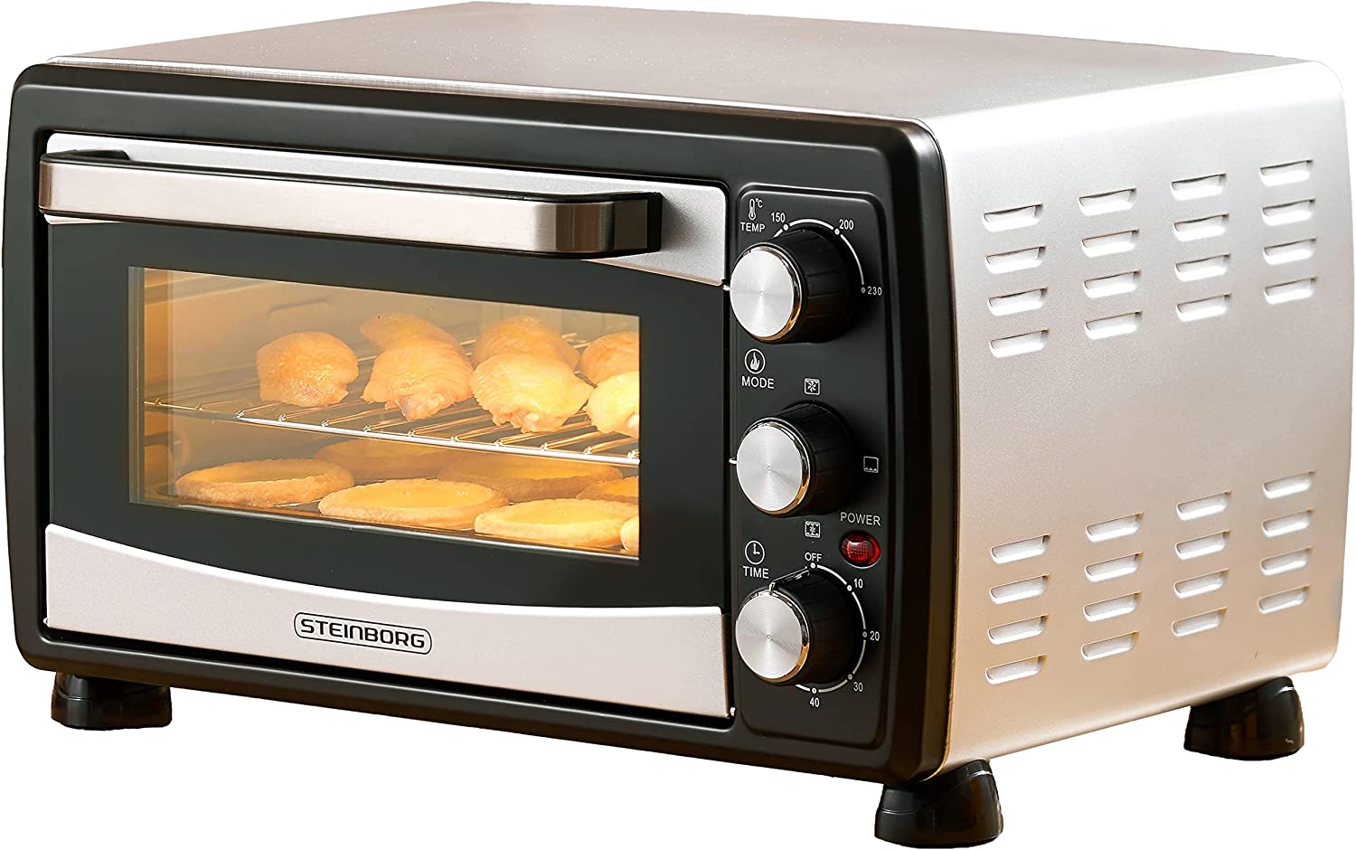 Steinborg 3-in-1 Mini Convection Oven / Pizza Oven, 20 Litre Capacity with Removable Crumb Tray, Timer, 100 - 250 °C, 1380 Watt, Top/Bottom Heat, Stainless Steel Design