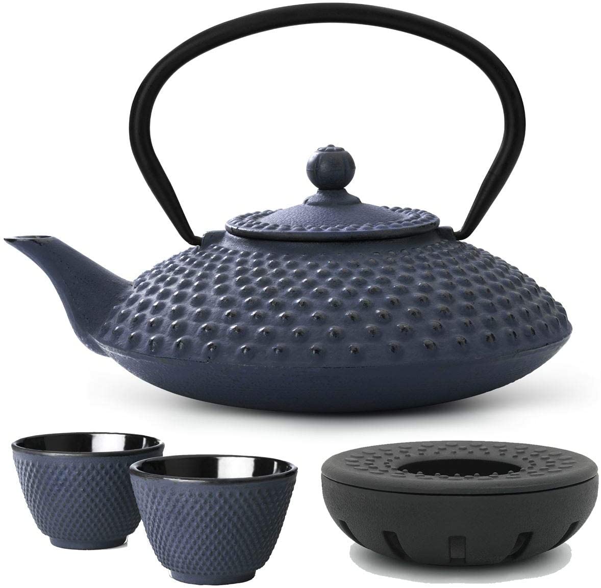 Bredemeijer Teapot Asian Cast Iron Set Blue 1.25 Litres with Tea Filter Strainer and Warmer Including Tea Cup
