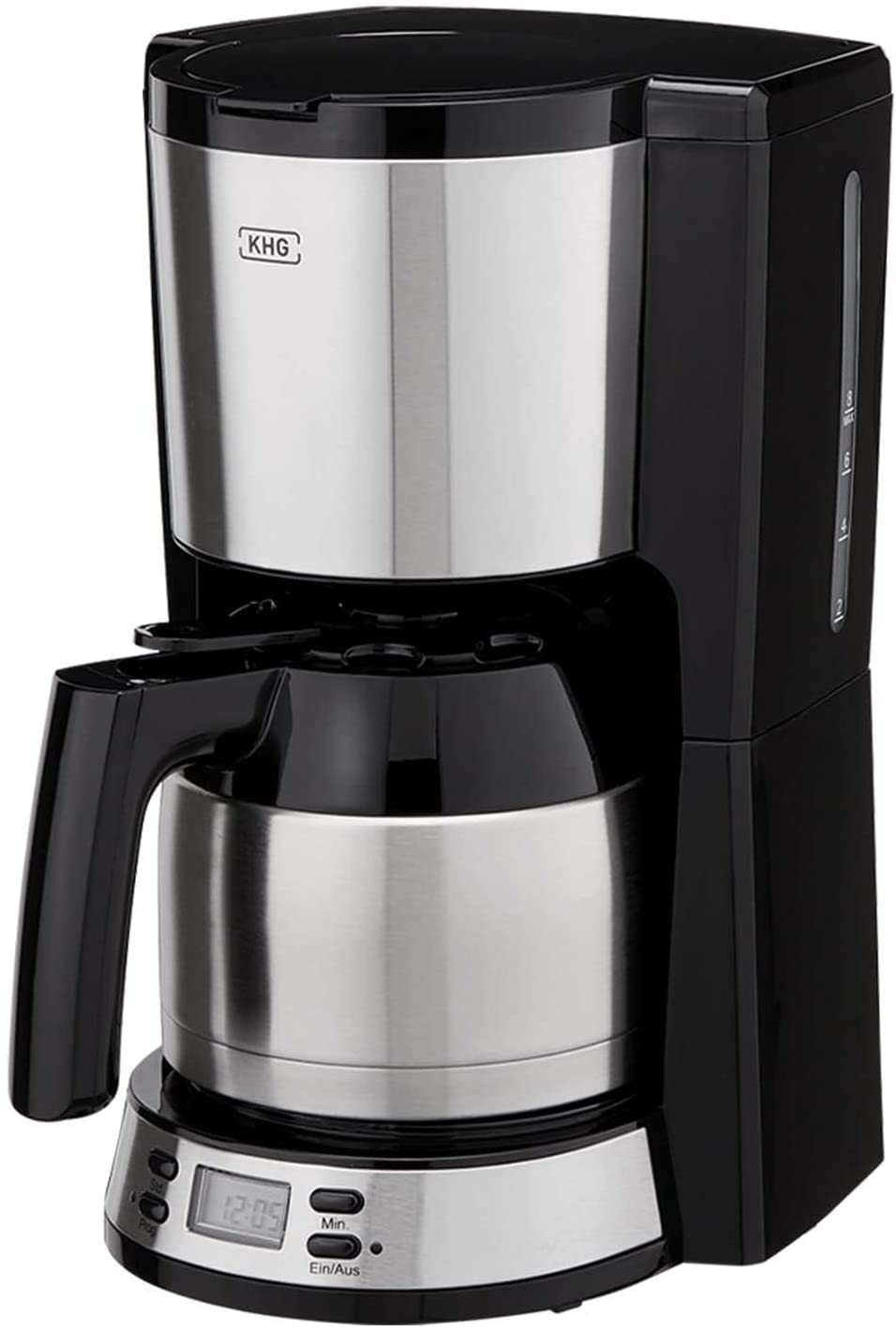 KHG TKA-183SE Plastic / Stainless Steel Coffee Machine in Black/Silver with Stainless Steel Thermal Jug 1 Litre Capacity for 8 Cups Permanent Filter Automatic Shut-Off LCD Display