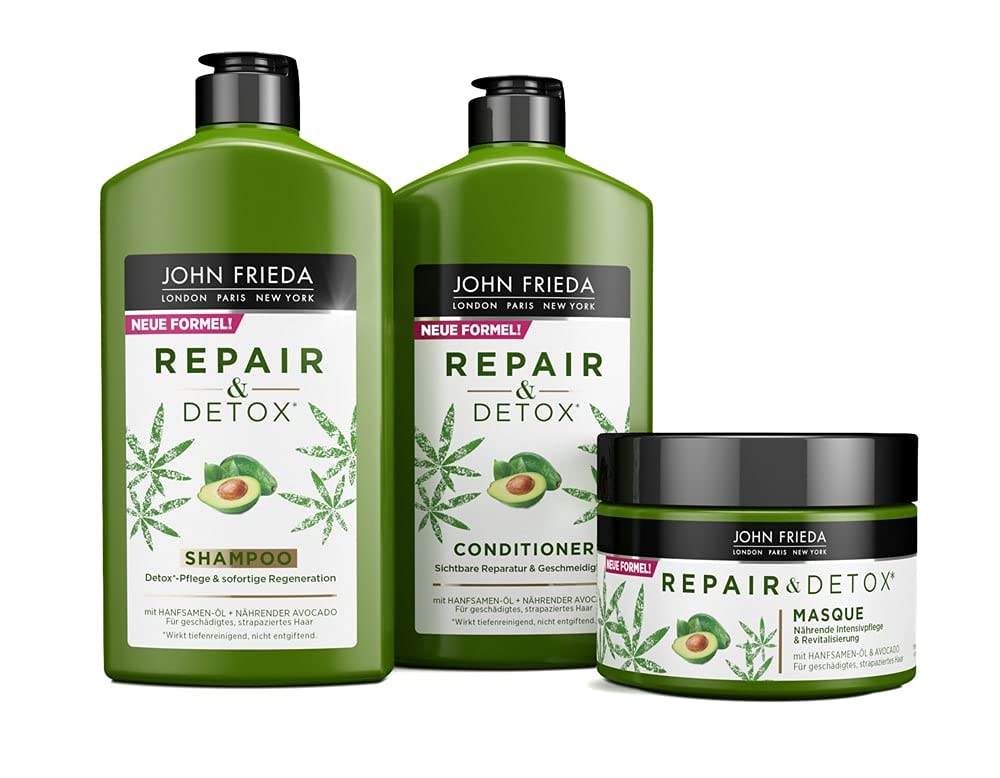 John Frieda Repair & Detox Set for Damaged Hair - Shampoo, Conditioner and Treatment - With Hemp Seed Oil & Nourishing Avocado Set 750 ml