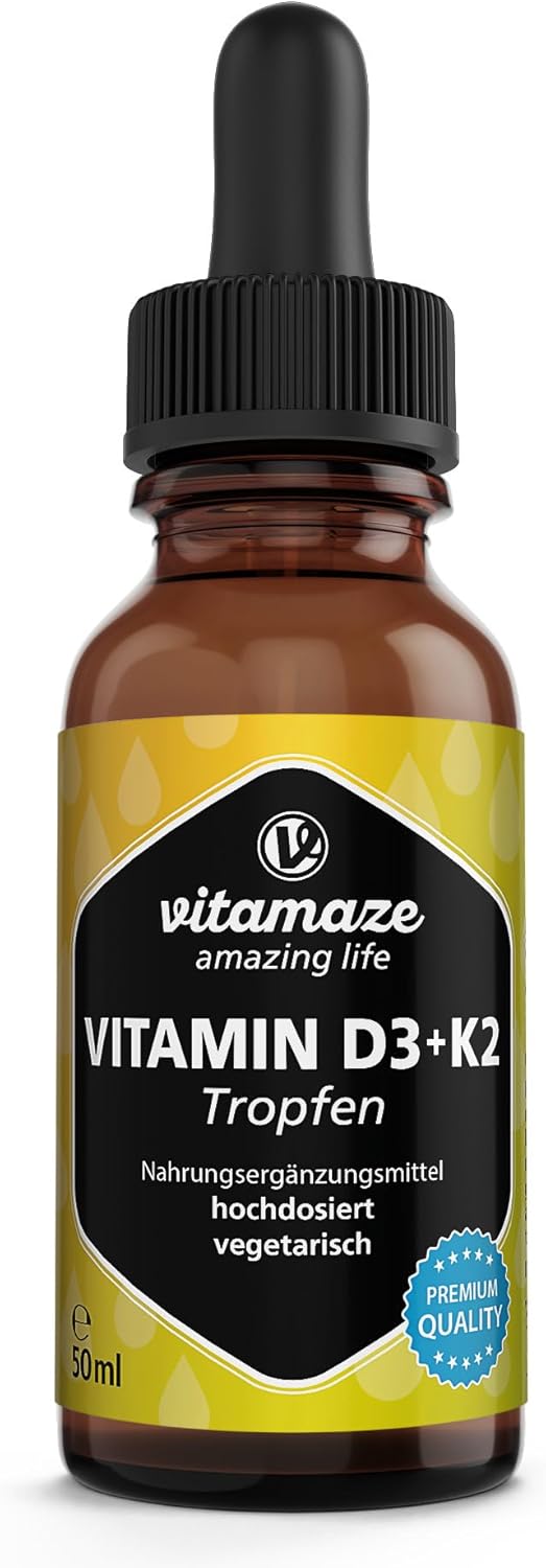Vitamin D3 + K2 drops, highly dosed and vegetarian, 50 ml (1700 drops), 1000 IU vitamin D3 + K2 liquid, more than 99.7% All-Trans MK-7, without unnecessary additives, made in Germany