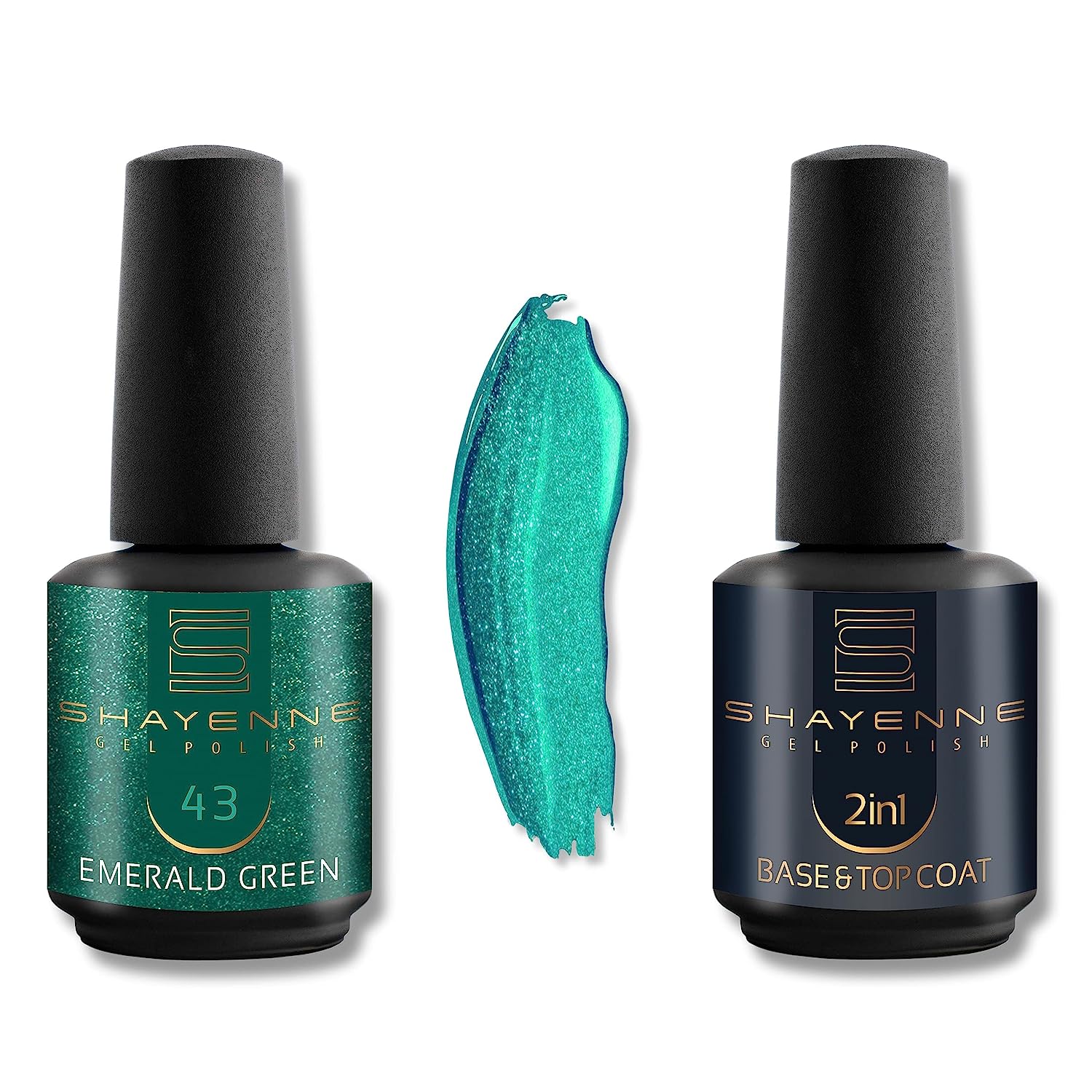 Shayenne Set of 2 UV Gel Nail Polish 43 Emerald Green 15 ml + 2-in-1 Base Coat and Top Coat 15 ml UV Led Lamp Base Coat with Top Coat Nail Polish Gel Shellac (30 ml)