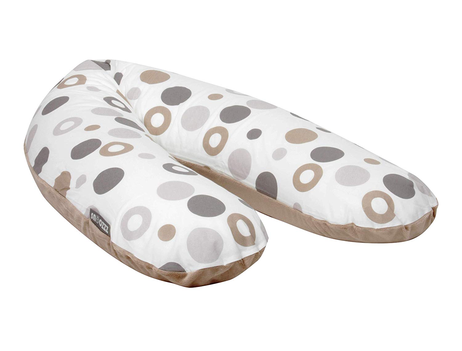 Snoozzz Nursing Pillow Support Pillow Side Sleeper Pillow 185 cm Includes Cotton and Microfibre Cover - Filling: Quiet and Fine Micro Beads - Taupe Circles