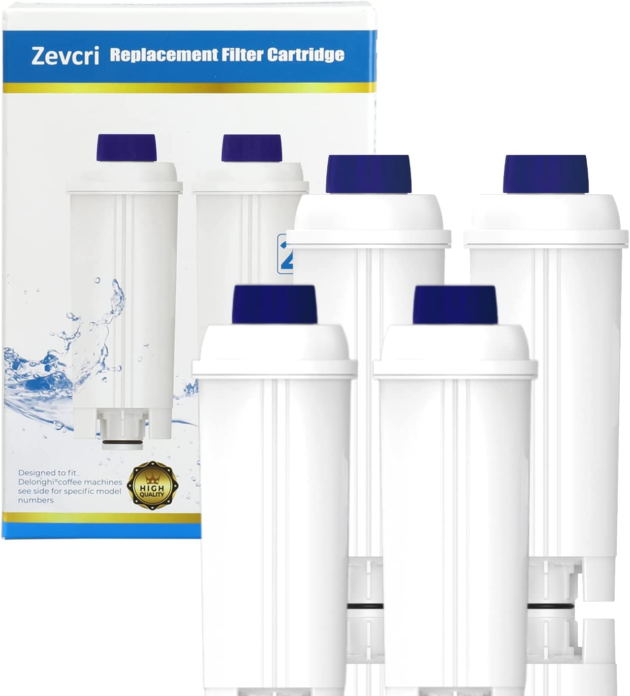 ZEVCRI Water Filter for Delonghi Coffee Machines DLSC002, Compatible with ECAM, ESAM, ETAM, BCO, EC, BCO400, EC800 Series - 4 Pack